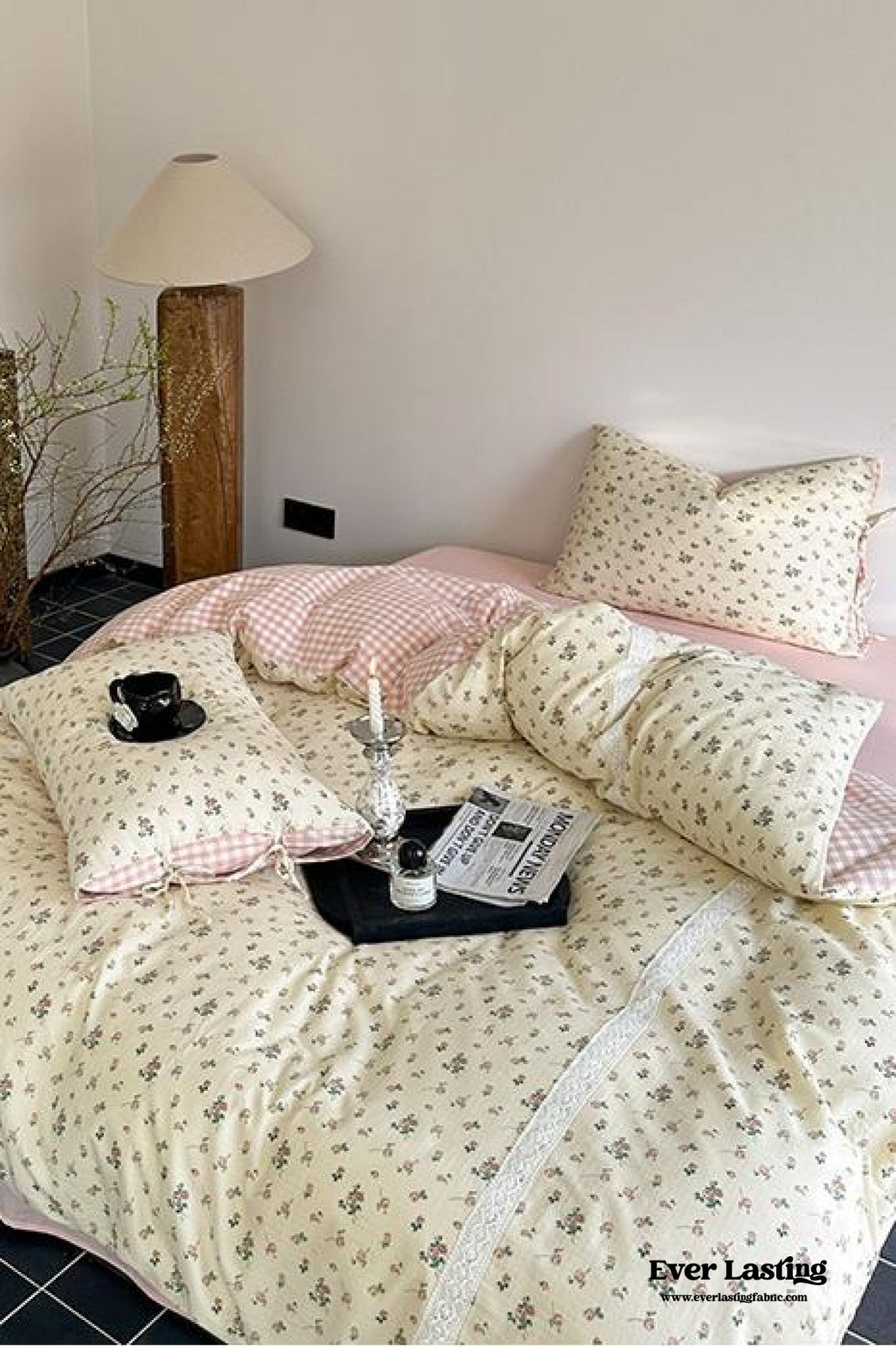 Rosalie Floral Lace Gingham Bedding Set / Pink - Ever Lasting