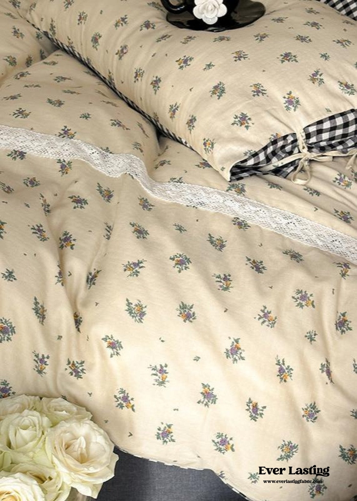 Rosalie Floral Lace Tie - Up Bedding Set / Khaki - Ever Lasting