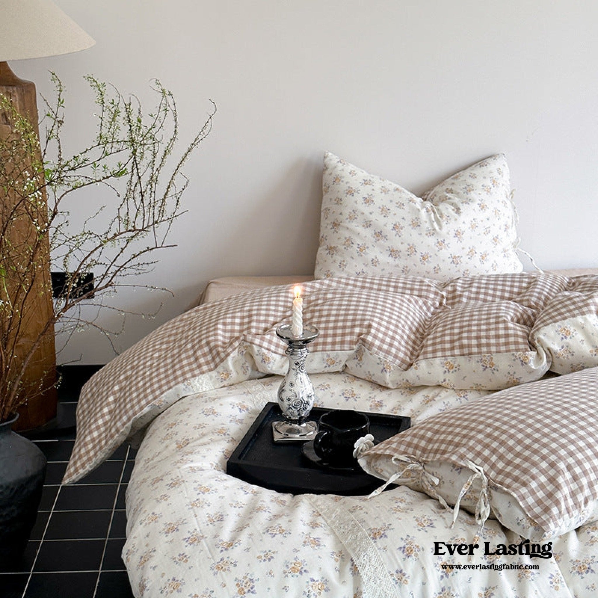 Rosalie Floral Lace Tie - Up Bedding Set / Khaki - Ever Lasting