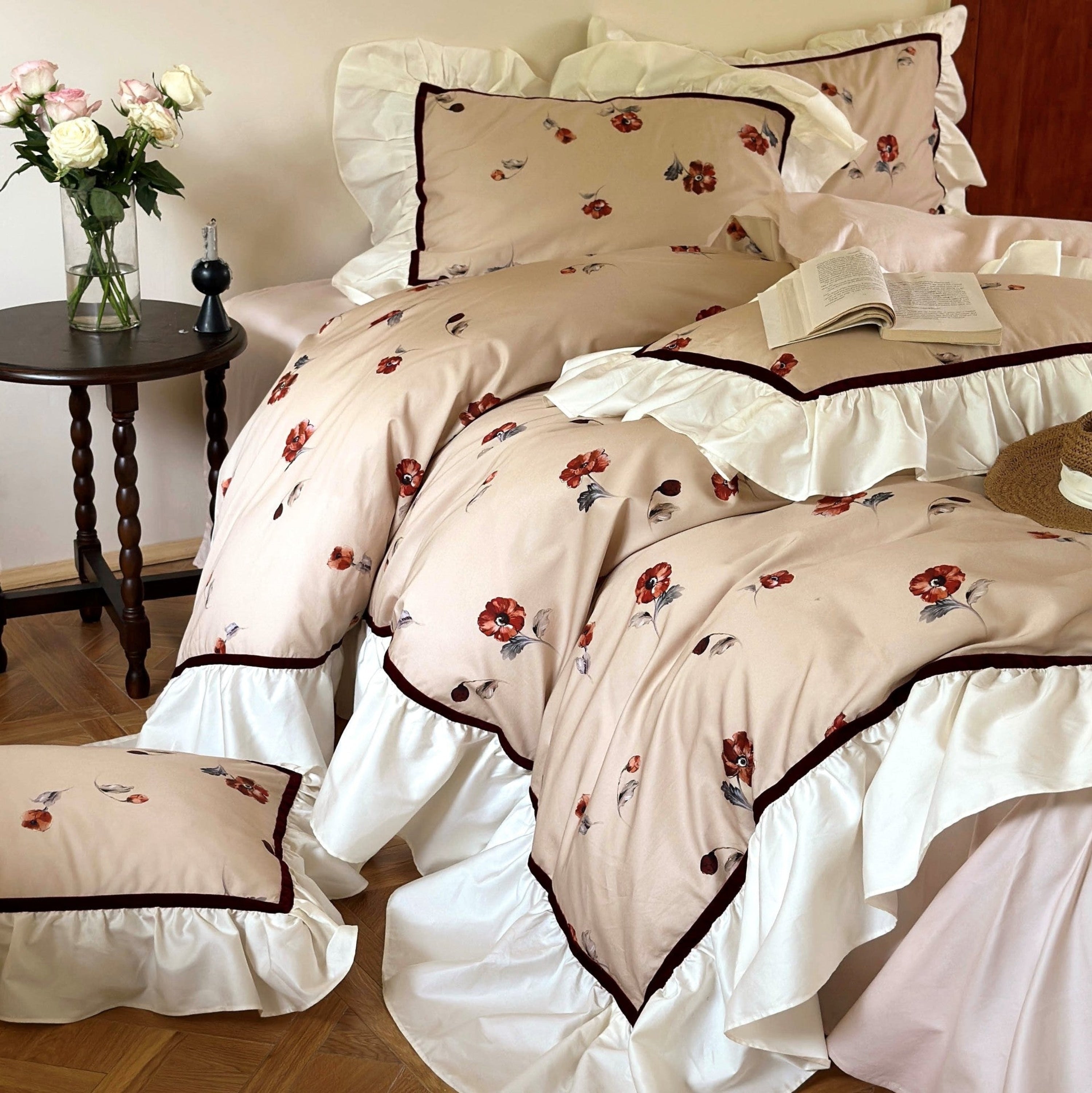 Pink Floral Duvet Cover Set Ruffle, French Bedding, Aesthetic