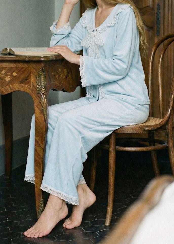 - Ever Lasting - Rosy Velvet Coquette Lace Pajama Set / Blue - Pajamas - Ever Lasting