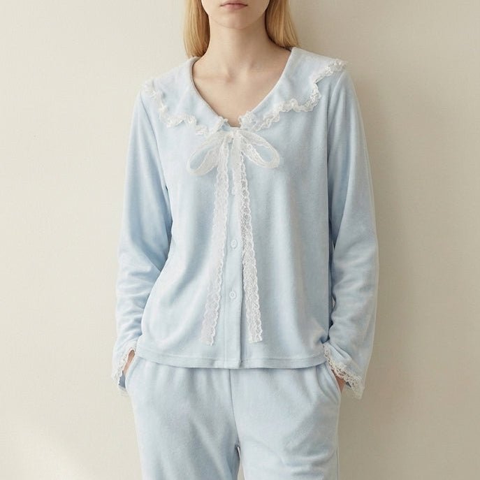 - Ever Lasting - Rosy Velvet Coquette Lace Pajama Set / Blue - Pajamas - Ever Lasting