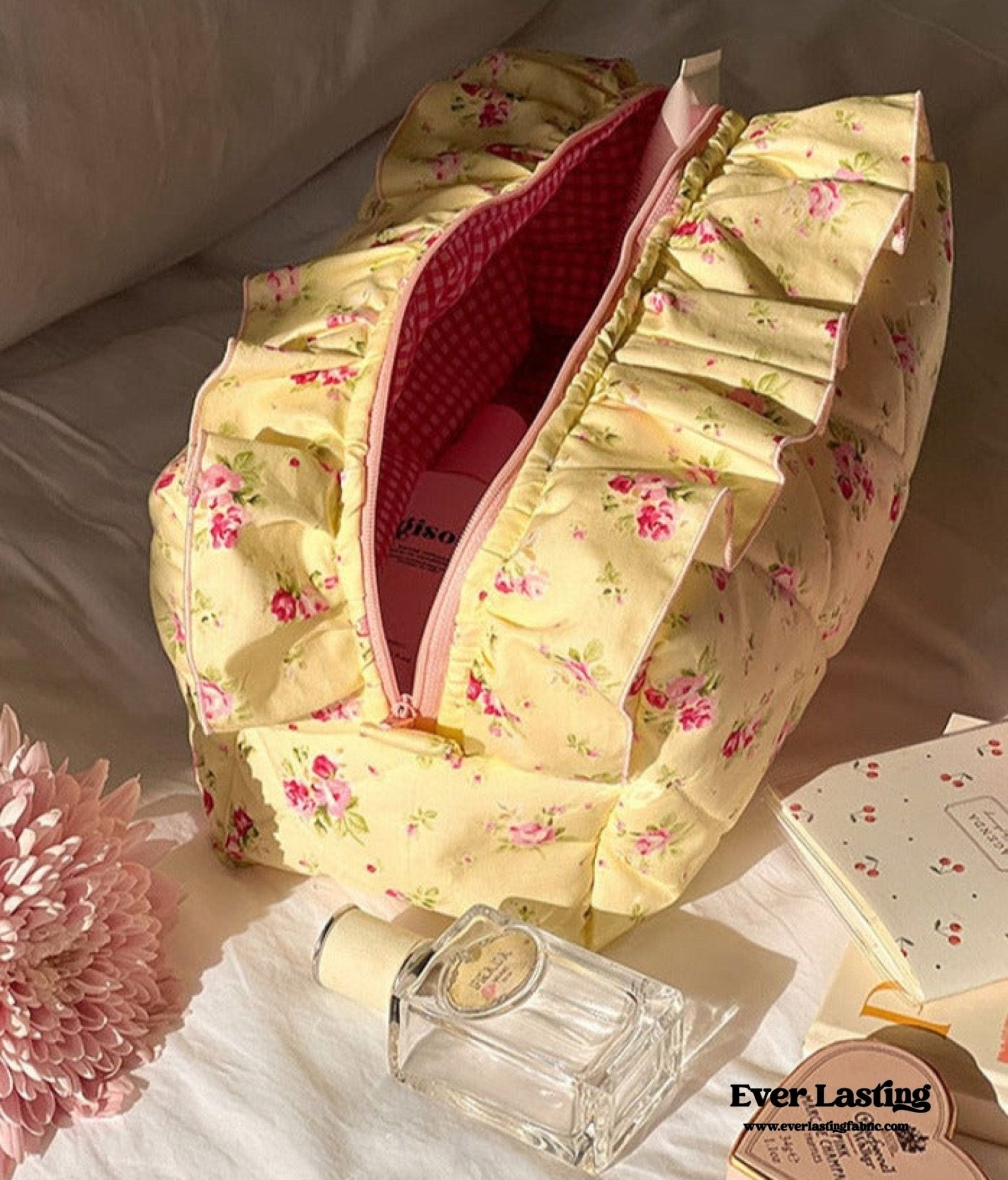 Ruffle Floral Cotton Makeup Bag - Ever Lasting