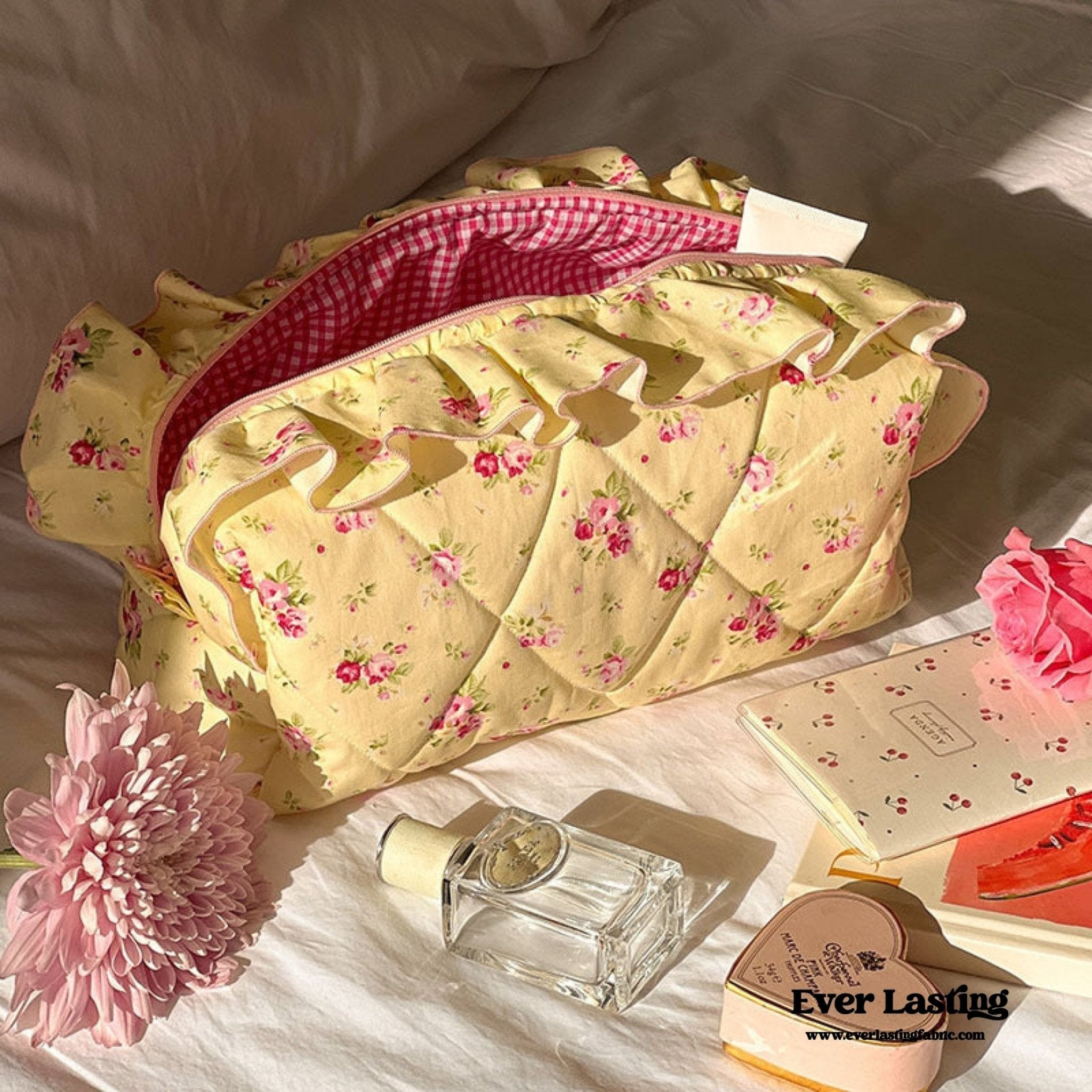 Ruffle Floral Cotton Makeup Bag - Ever Lasting