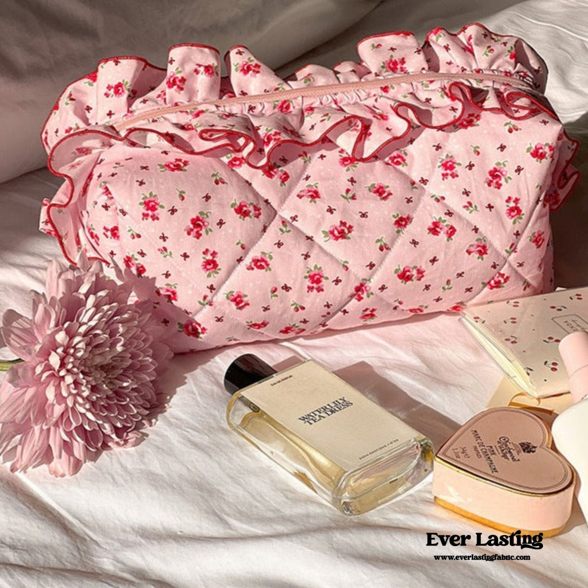 Ruffle Floral Cotton Makeup Bag - Ever Lasting
