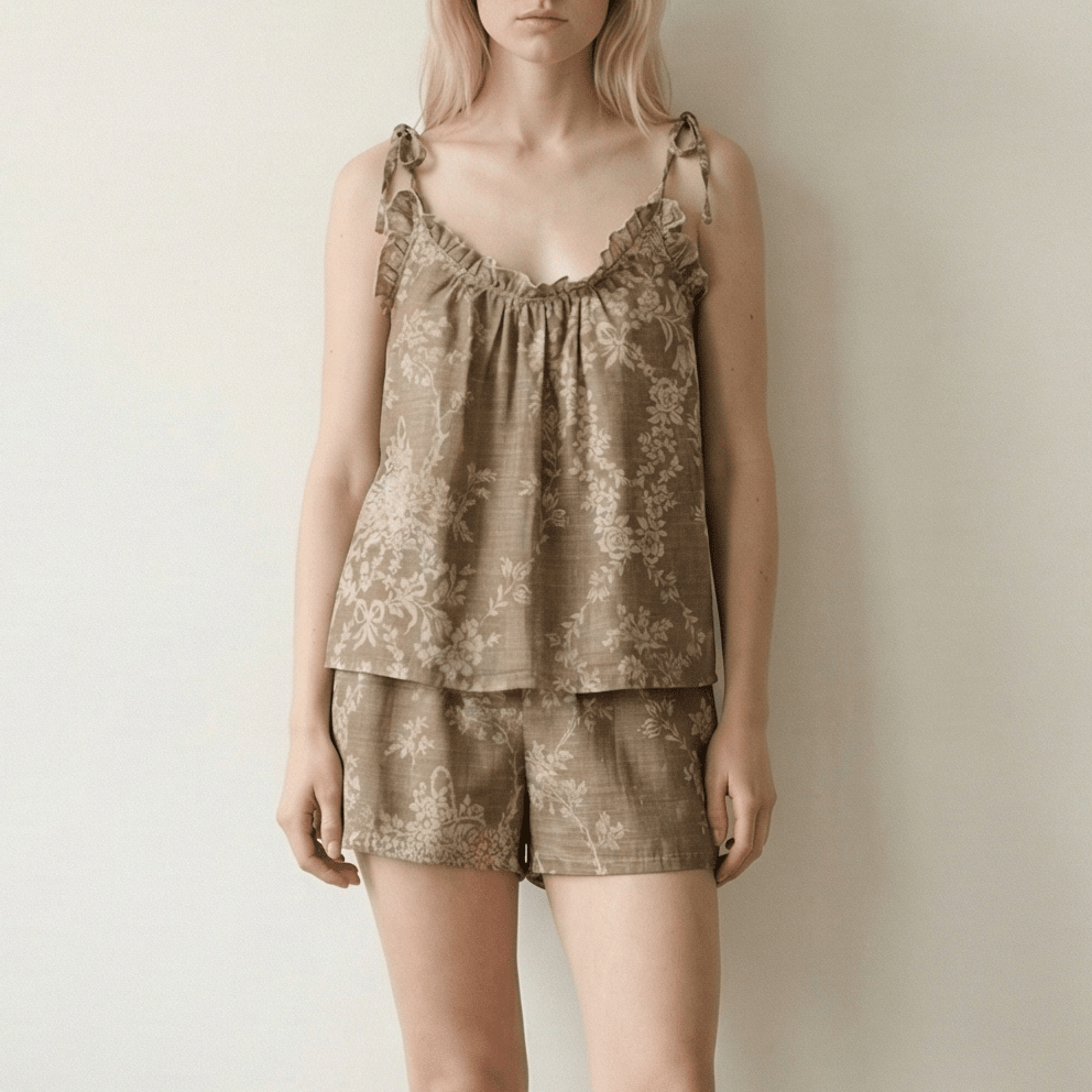 - Ever Lasting - Sabine Sleeveless & Shorts Floral Pajama Set / Brown - Pajamas - Ever Lasting