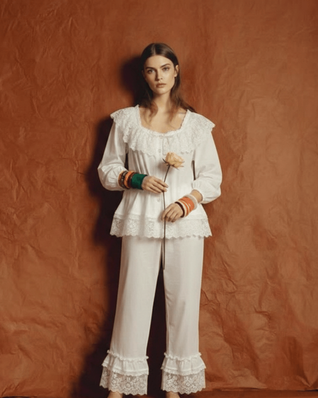 - Ever Lasting - Sage White Lace Ruffle Cottage Pajama Set - Pajamas - Ever Lasting