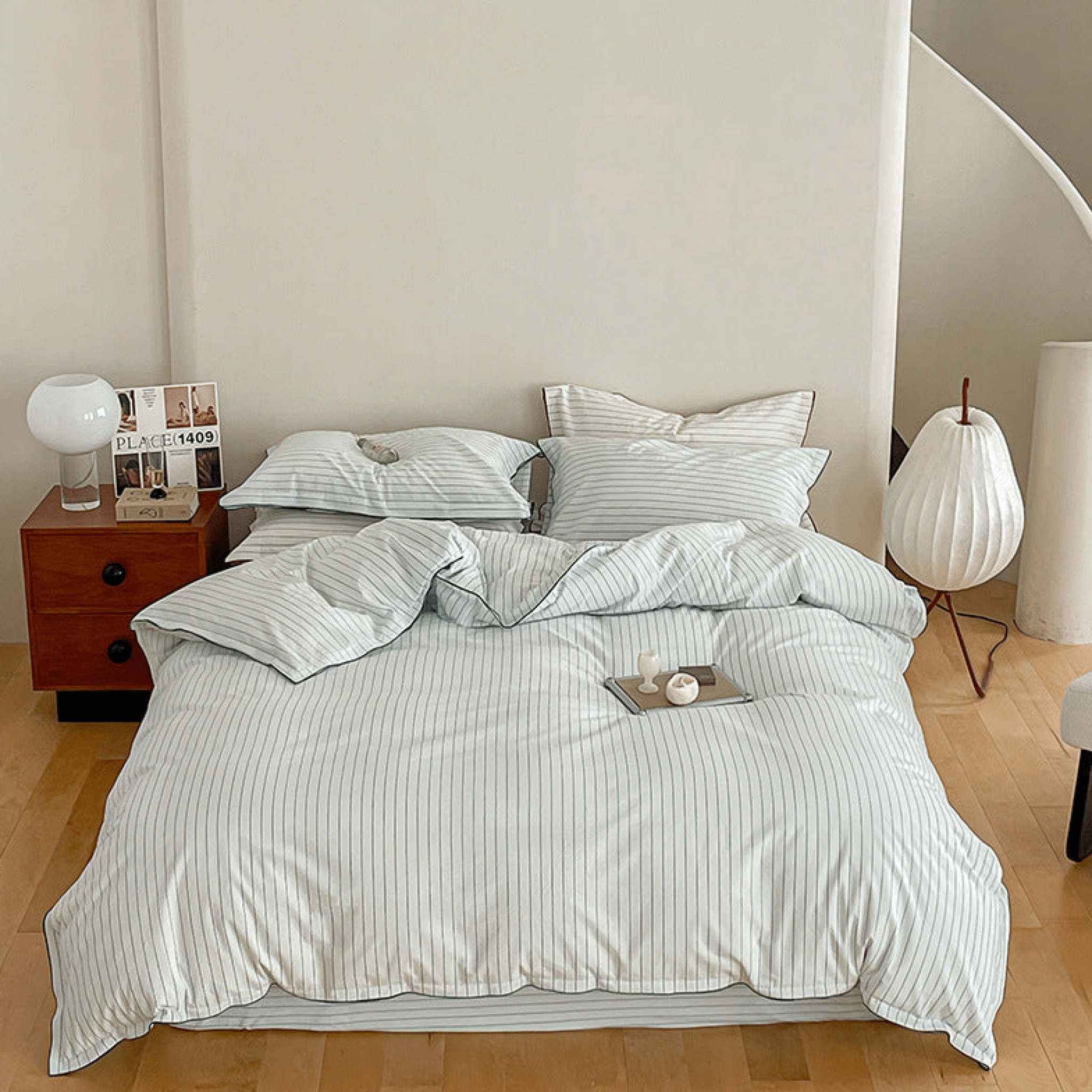 Scandinavian Overlock Striped Bedding Set / Gray - Ever Lasting