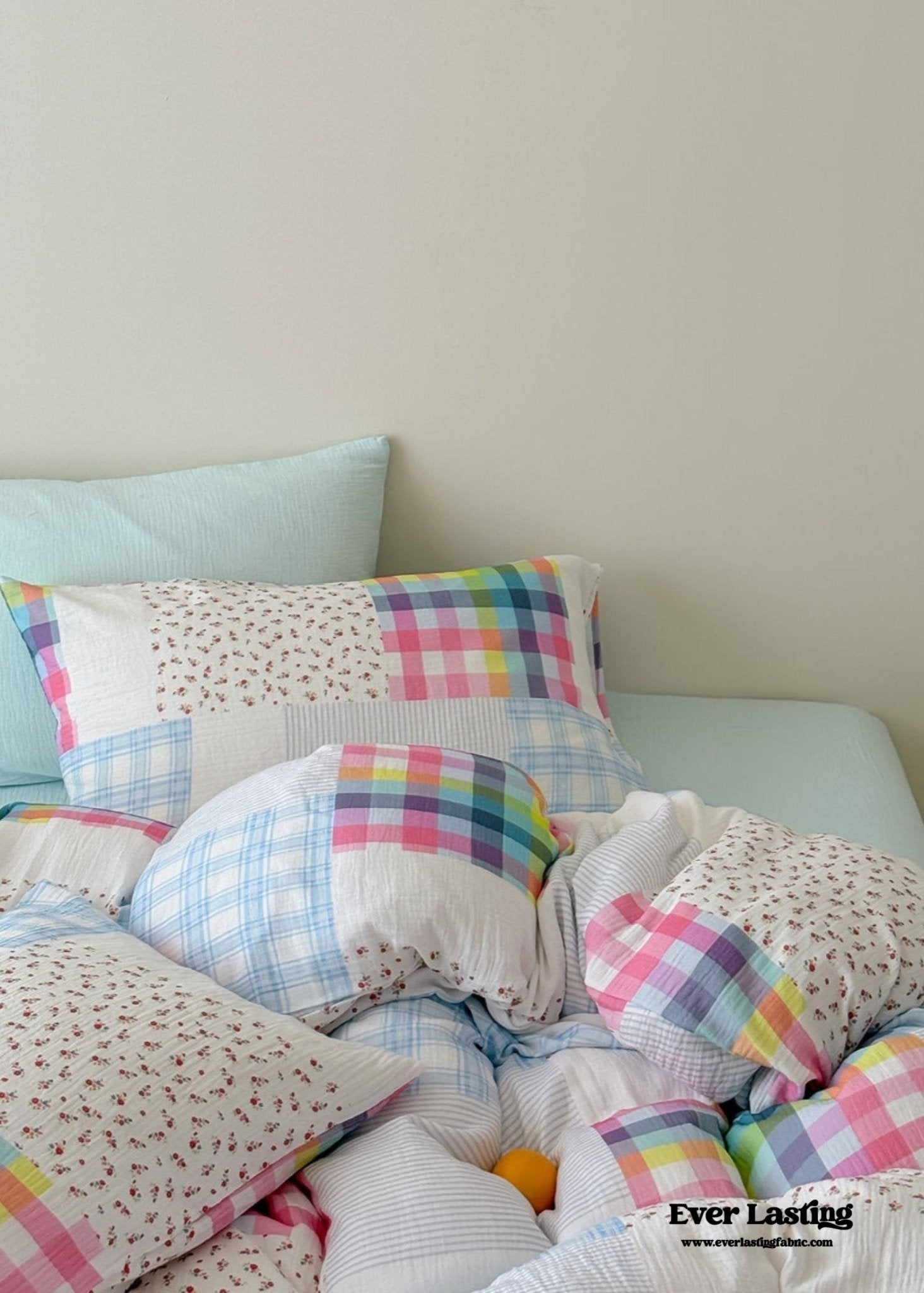 Sienna Double Gauze Gingham Patchwork Pastel Bedding Set / Guava Green - Ever Lasting