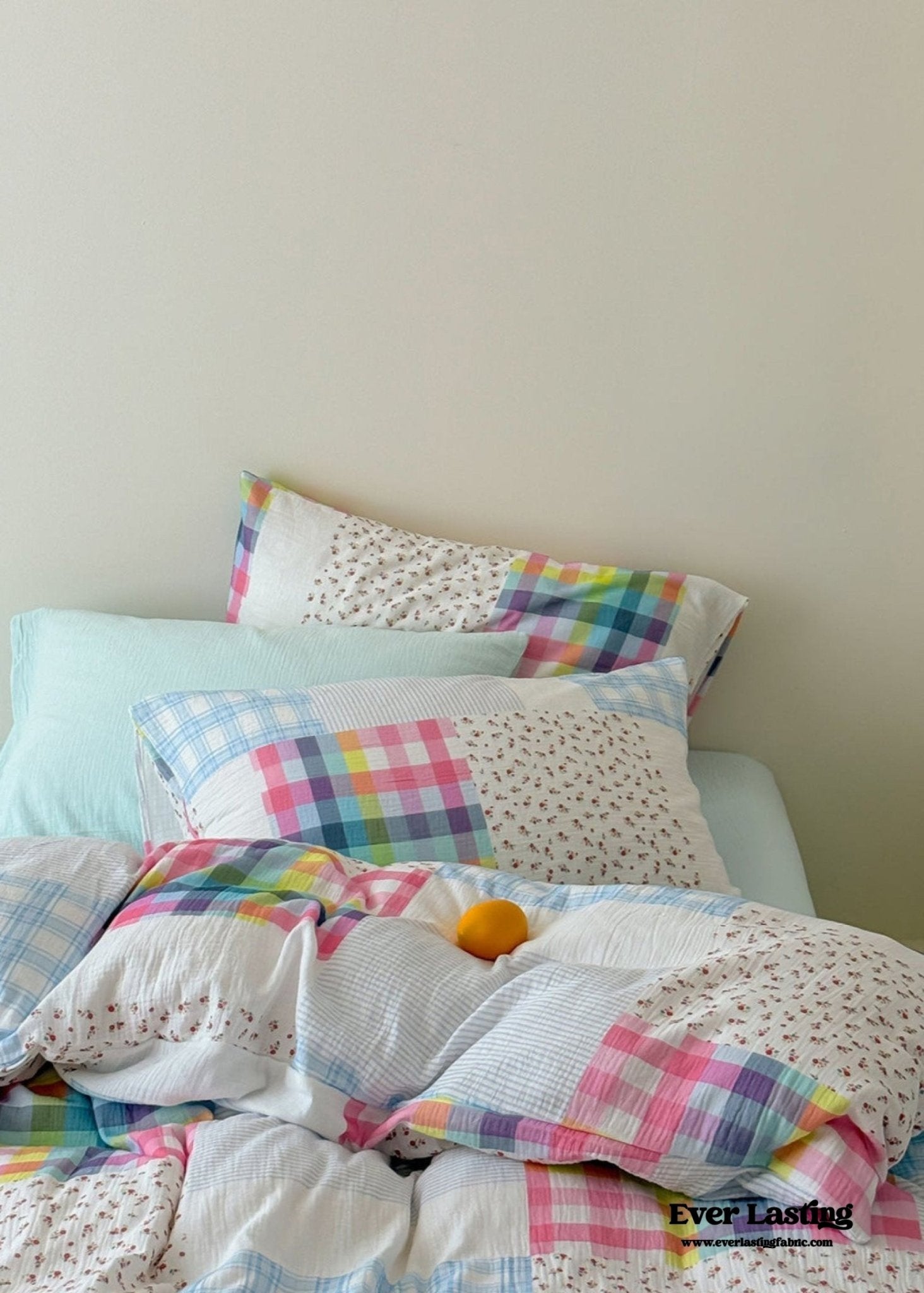 Sienna Double Gauze Gingham Patchwork Pastel Bedding Set / Guava Green - Ever Lasting