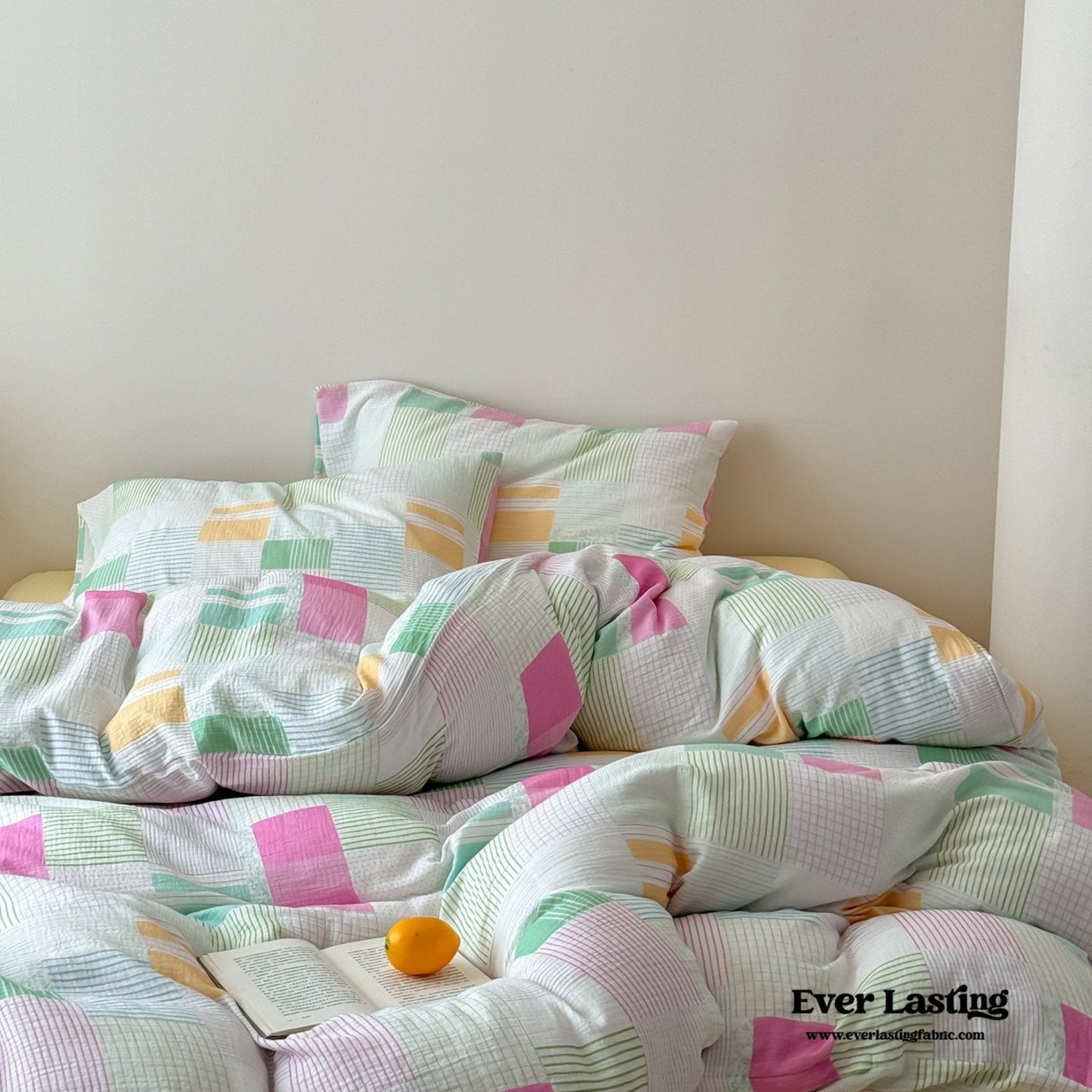 Sienna Double Gauze Gingham Patchwork Pastel Bedding Set / Guava Green - Ever Lasting