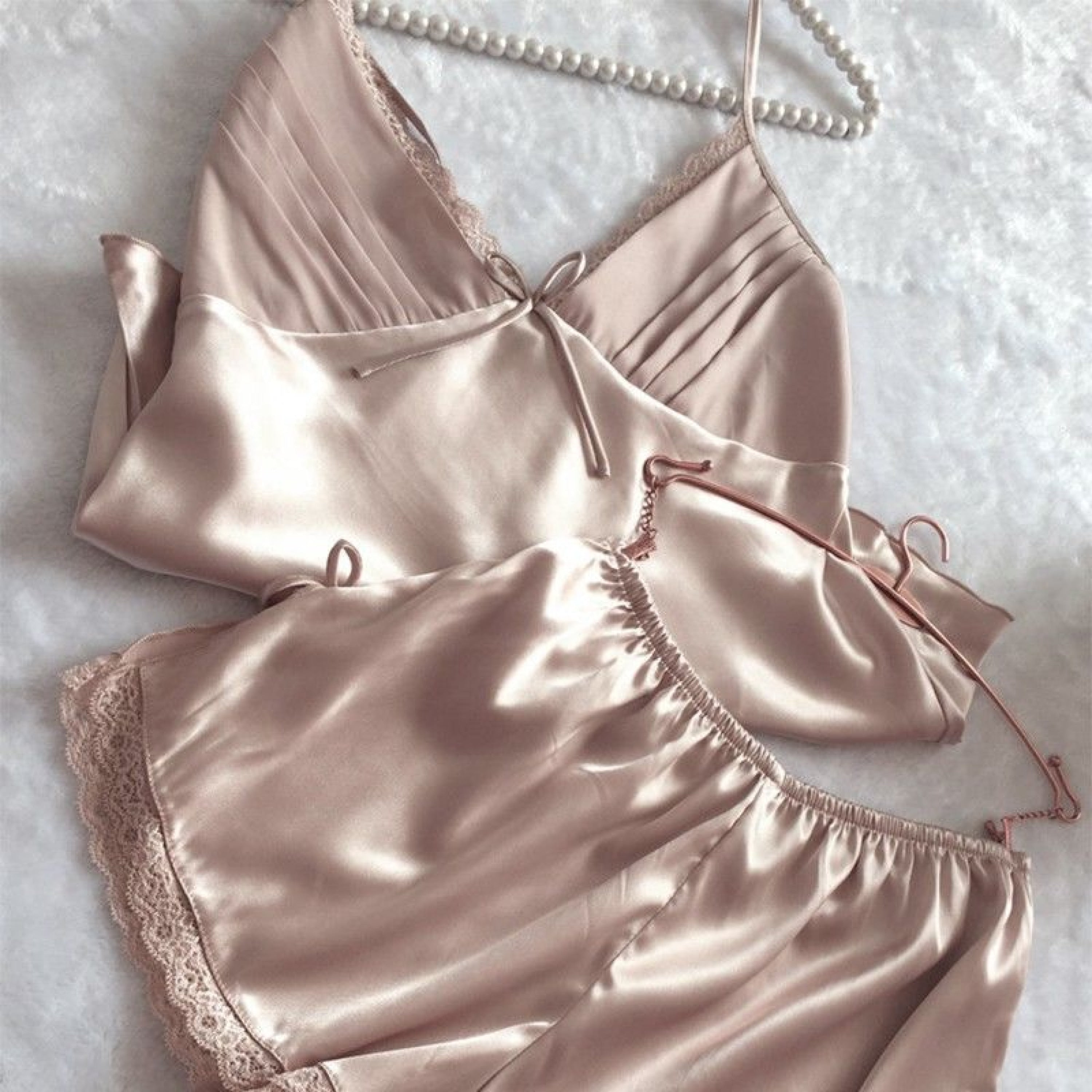 Silky Lace Ribbon Pajama Set / Rust Pink