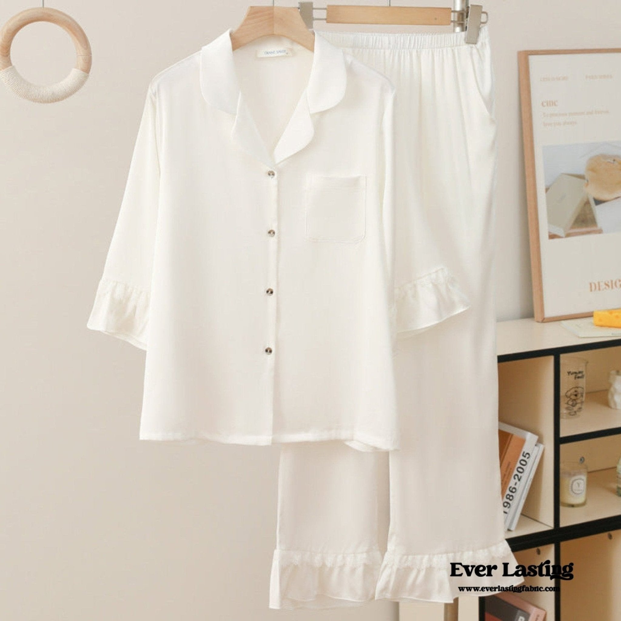 Silky Lace Ruffle Long Sleeves and Pants Pajama Set / White - Ever Lasting