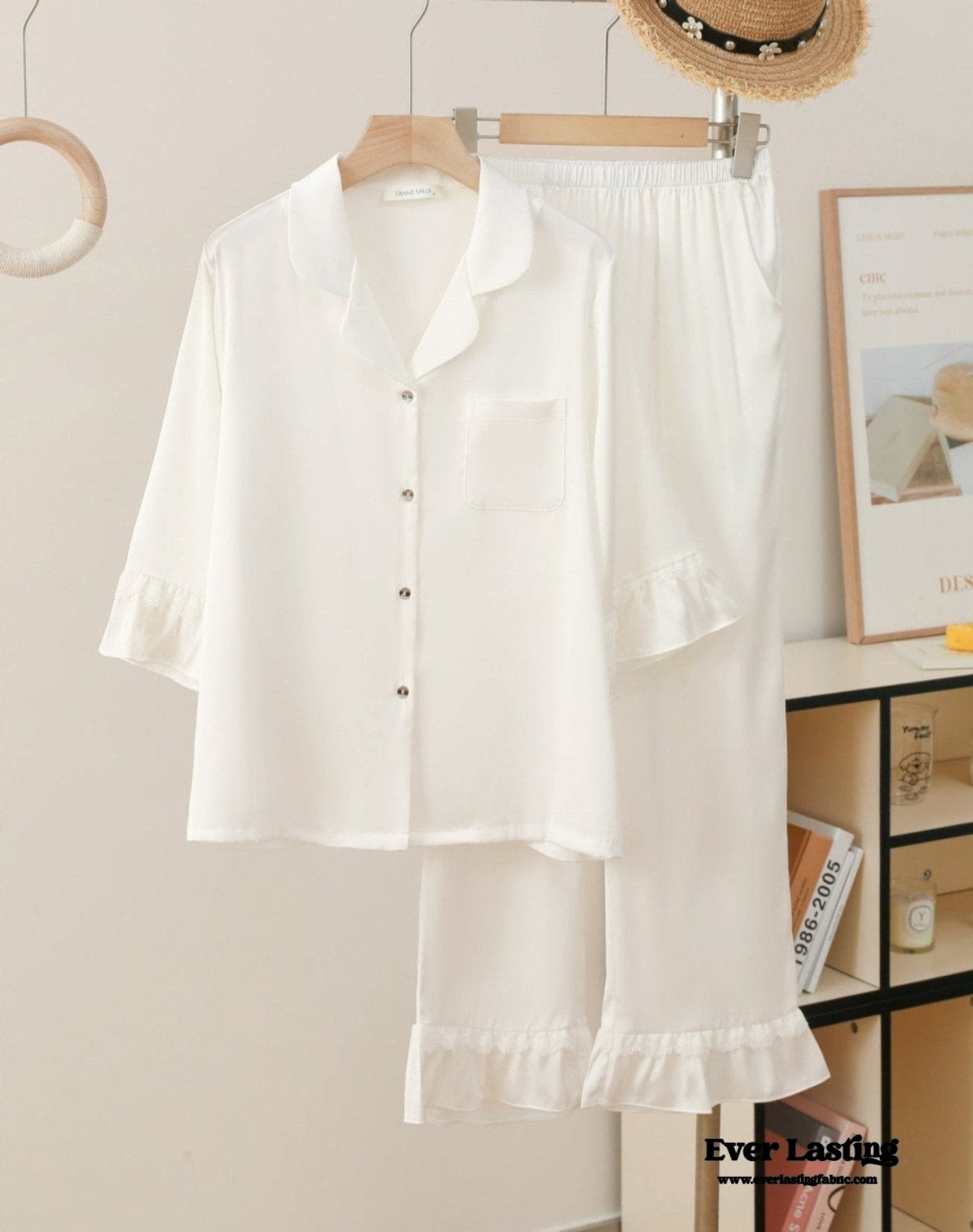 Silky Lace Ruffle Long Sleeves and Pants Pajama Set / White - Ever Lasting