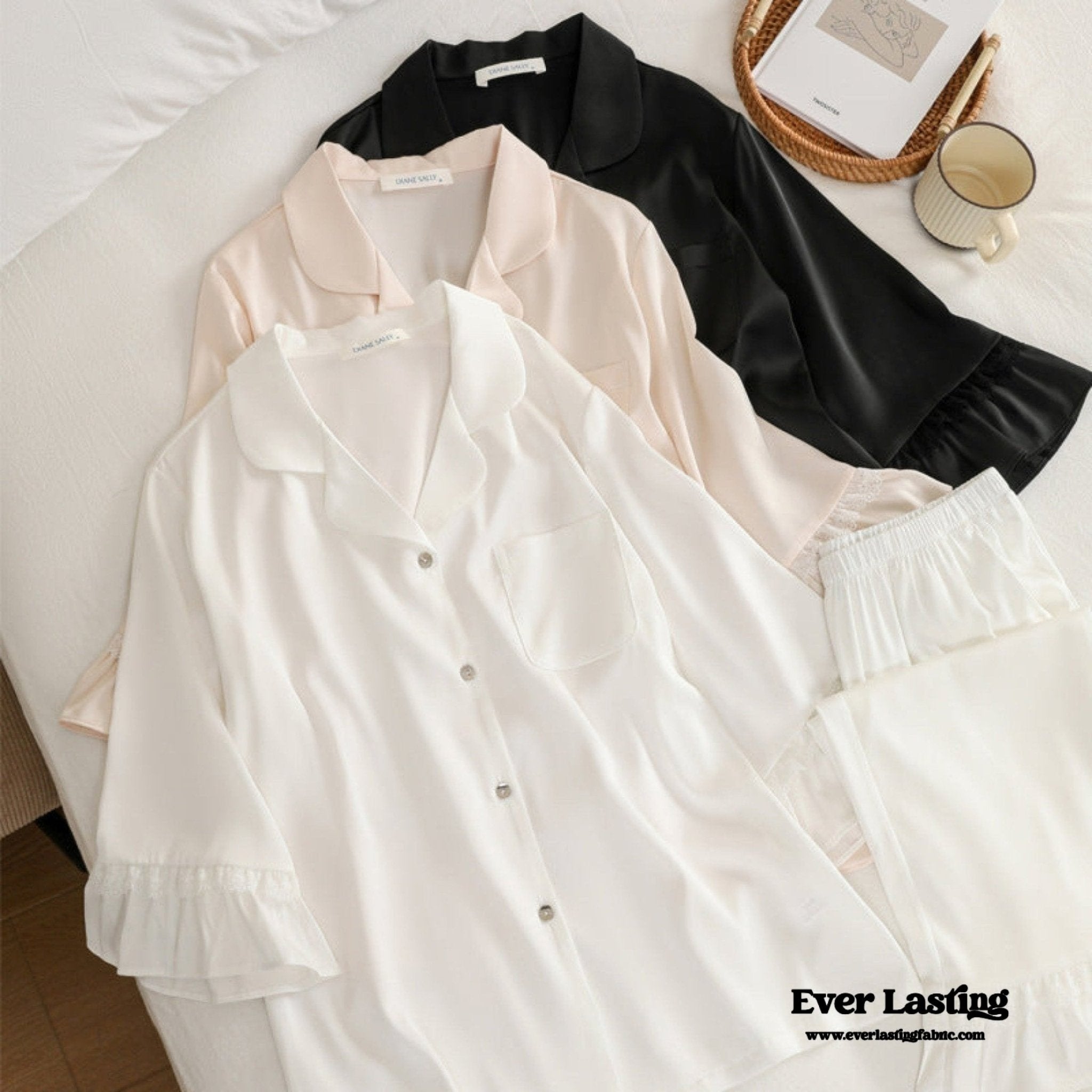 Silky Lace Ruffle Long Sleeves and Pants Pajama Set / White - Ever Lasting