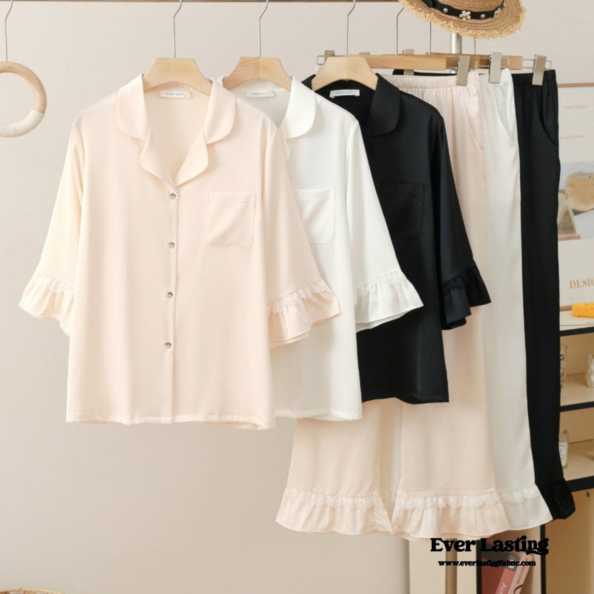 Silky Lace Ruffle Long Sleeves and Pants Pajama Set / White - Ever Lasting