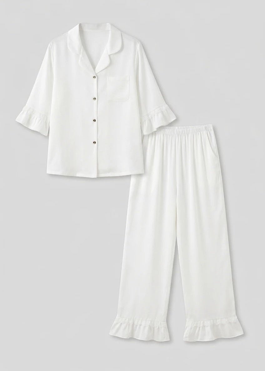 - Ever Lasting - Silky Lace Ruffle Long Sleeves and Pants Pajama Set / White - Pajamas - Ever Lasting