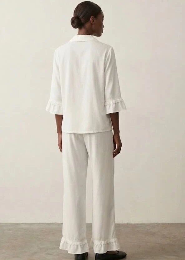 - Ever Lasting - Silky Lace Ruffle Long Sleeves and Pants Pajama Set / White - Pajamas - Ever Lasting