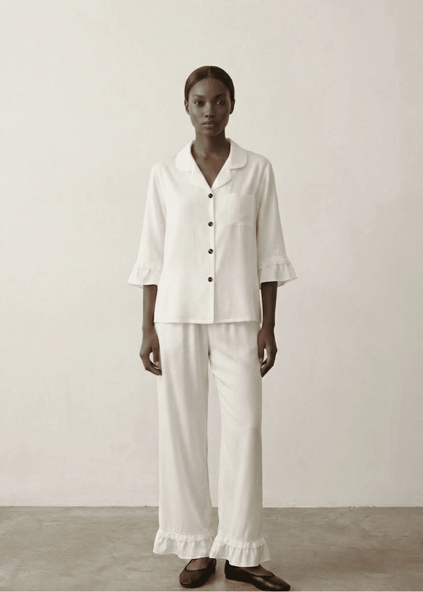 - Ever Lasting - Silky Lace Ruffle Long Sleeves and Pants Pajama Set / White - Pajamas - Ever Lasting