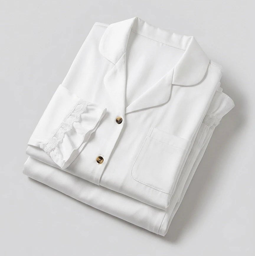 - Ever Lasting - Silky Lace Ruffle Long Sleeves and Pants Pajama Set / White - Pajamas - Ever Lasting