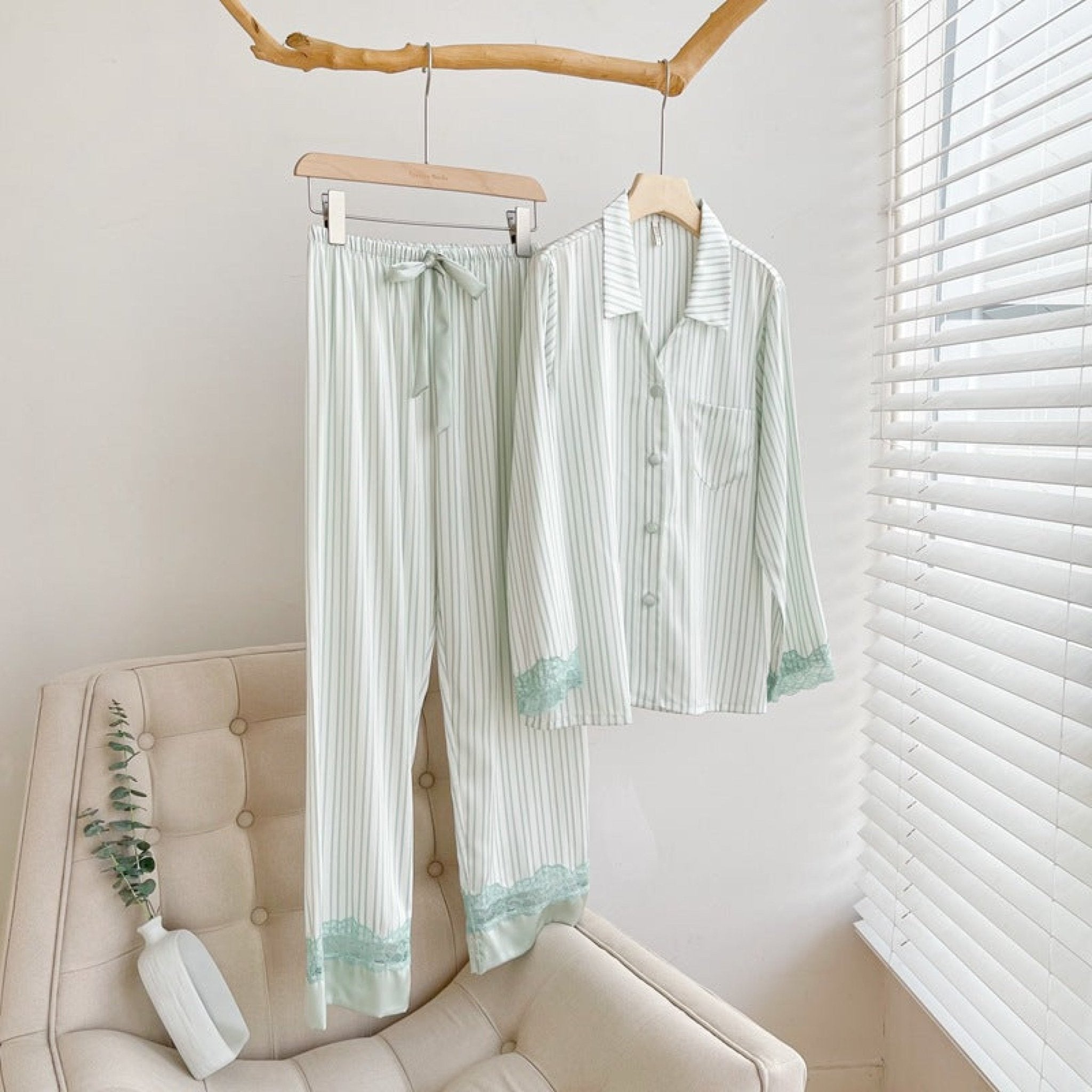 Silky Lace Striped Long Sleeves and Pants Pajama Set / Green - Ever Lasting