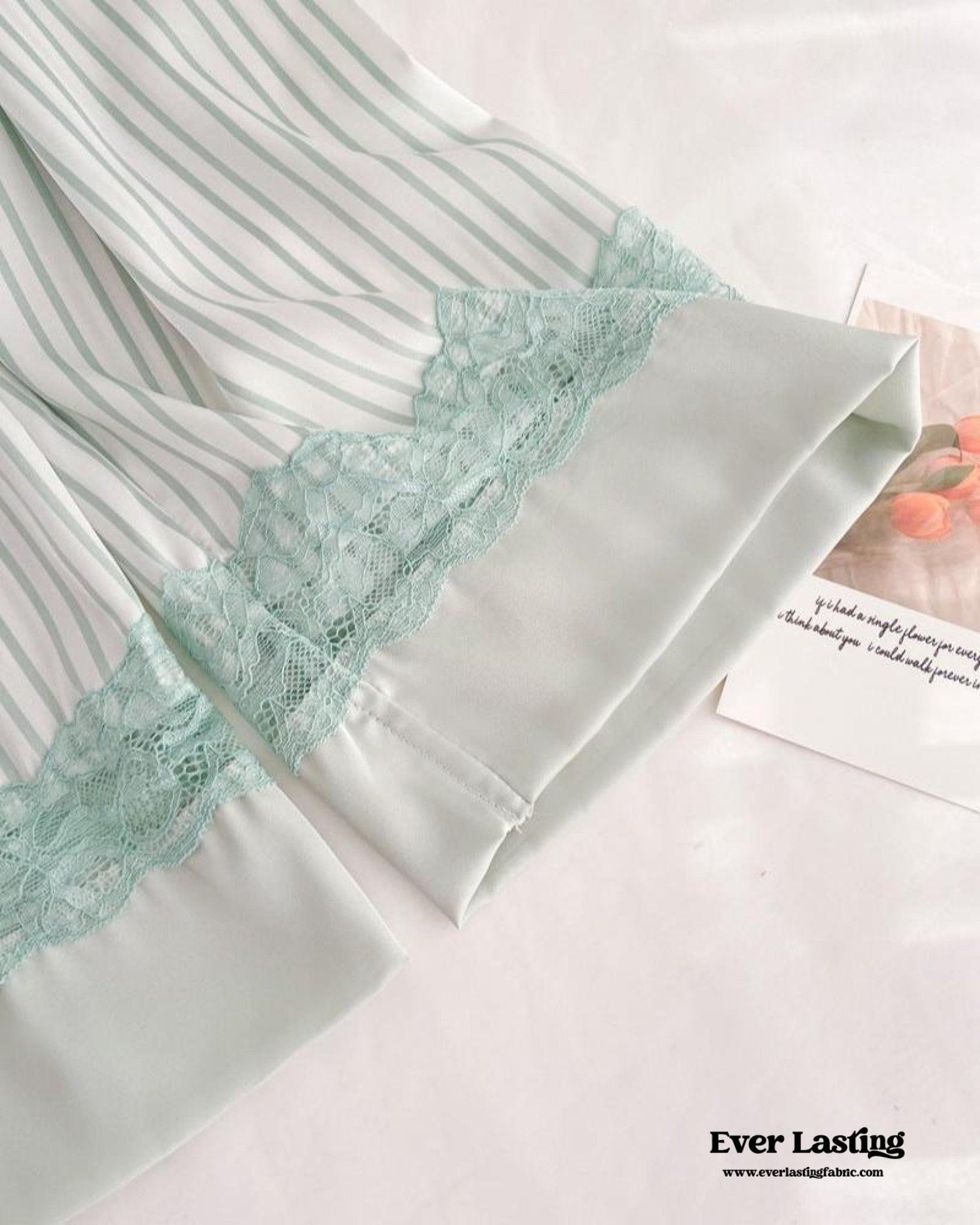Silky Lace Striped Long Sleeves and Pants Pajama Set / Green - Ever Lasting