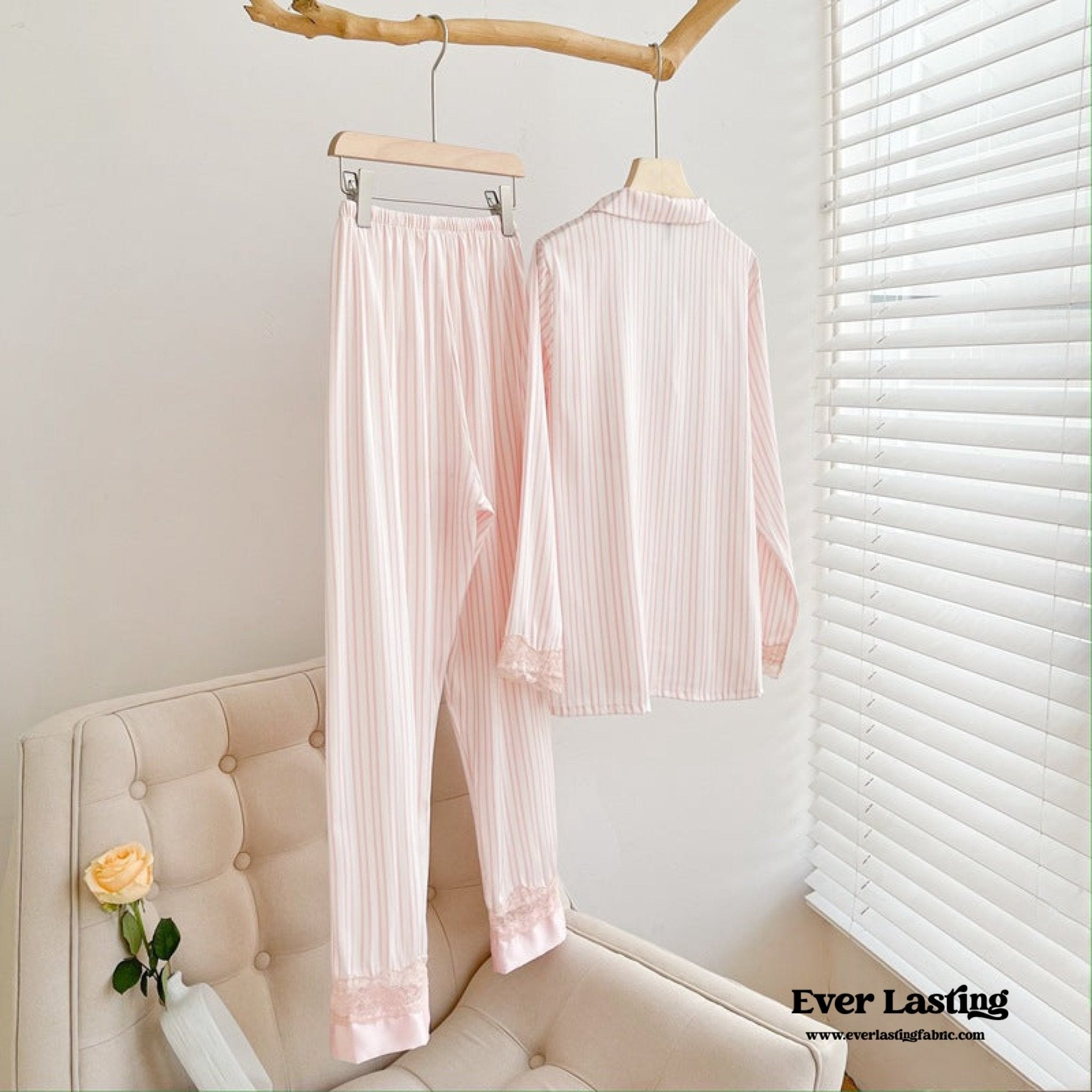 Silky Lace Striped Long Sleeves and Pants Pajama Set / Green - Ever Lasting