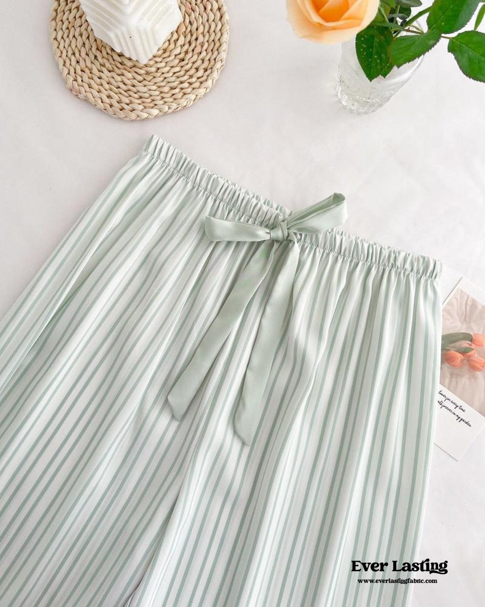 Silky Lace Striped Long Sleeves and Pants Pajama Set / Pink - Ever Lasting