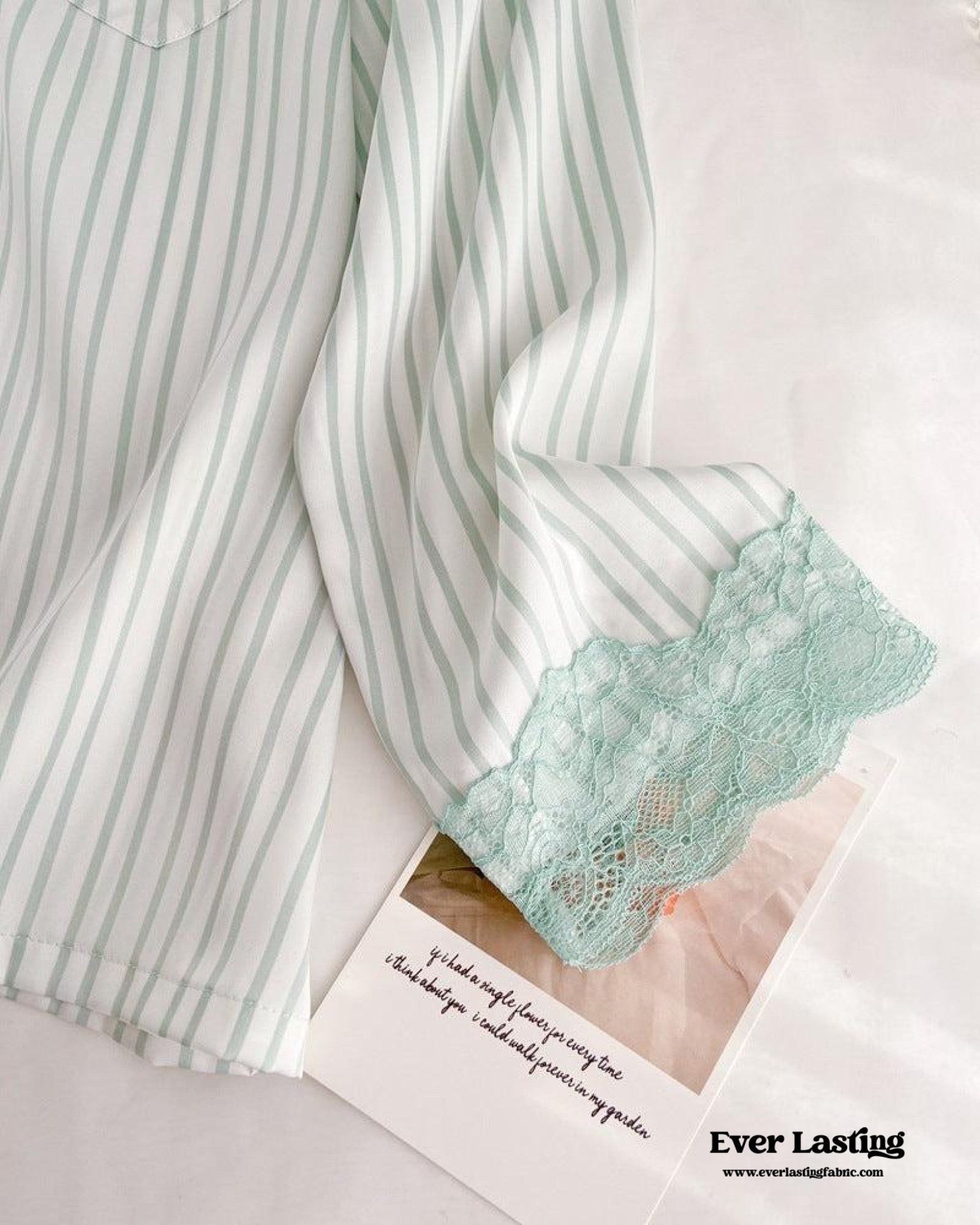 Silky Lace Striped Long Sleeves and Pants Pajama Set / Pink - Ever Lasting