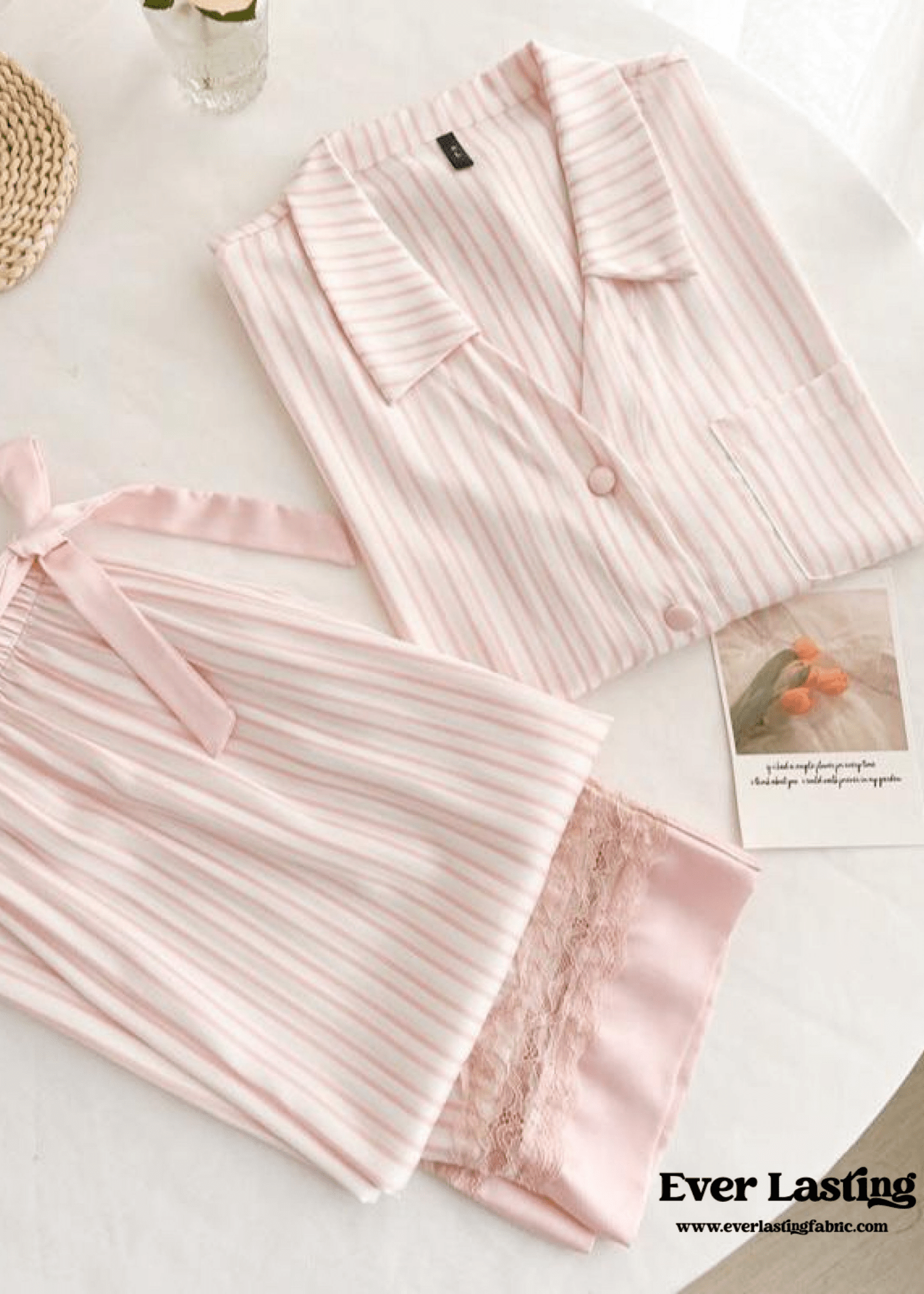 Silky Lace Striped Long Sleeves and Pants Pajama Set / Pink - Ever Lasting