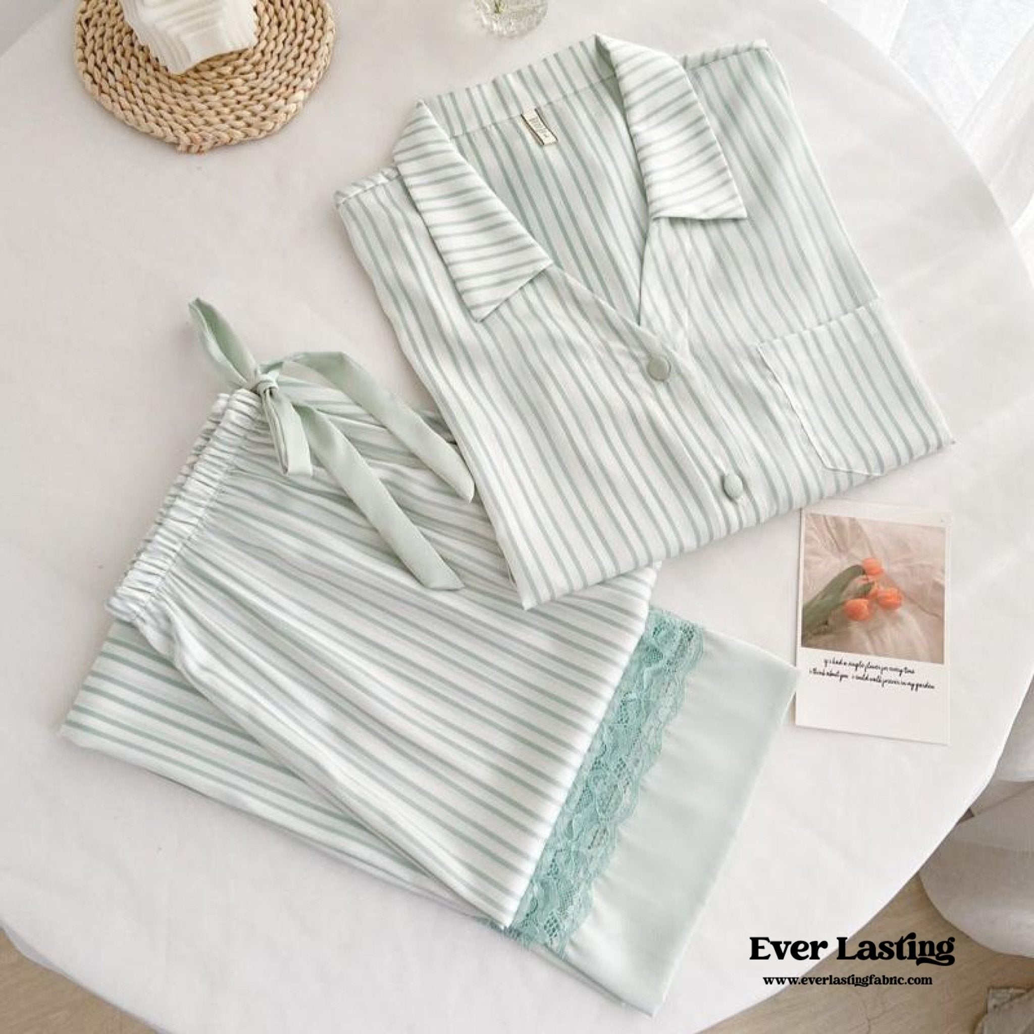 Silky Lace Striped Long Sleeves and Pants Pajama Set / Pink - Ever Lasting