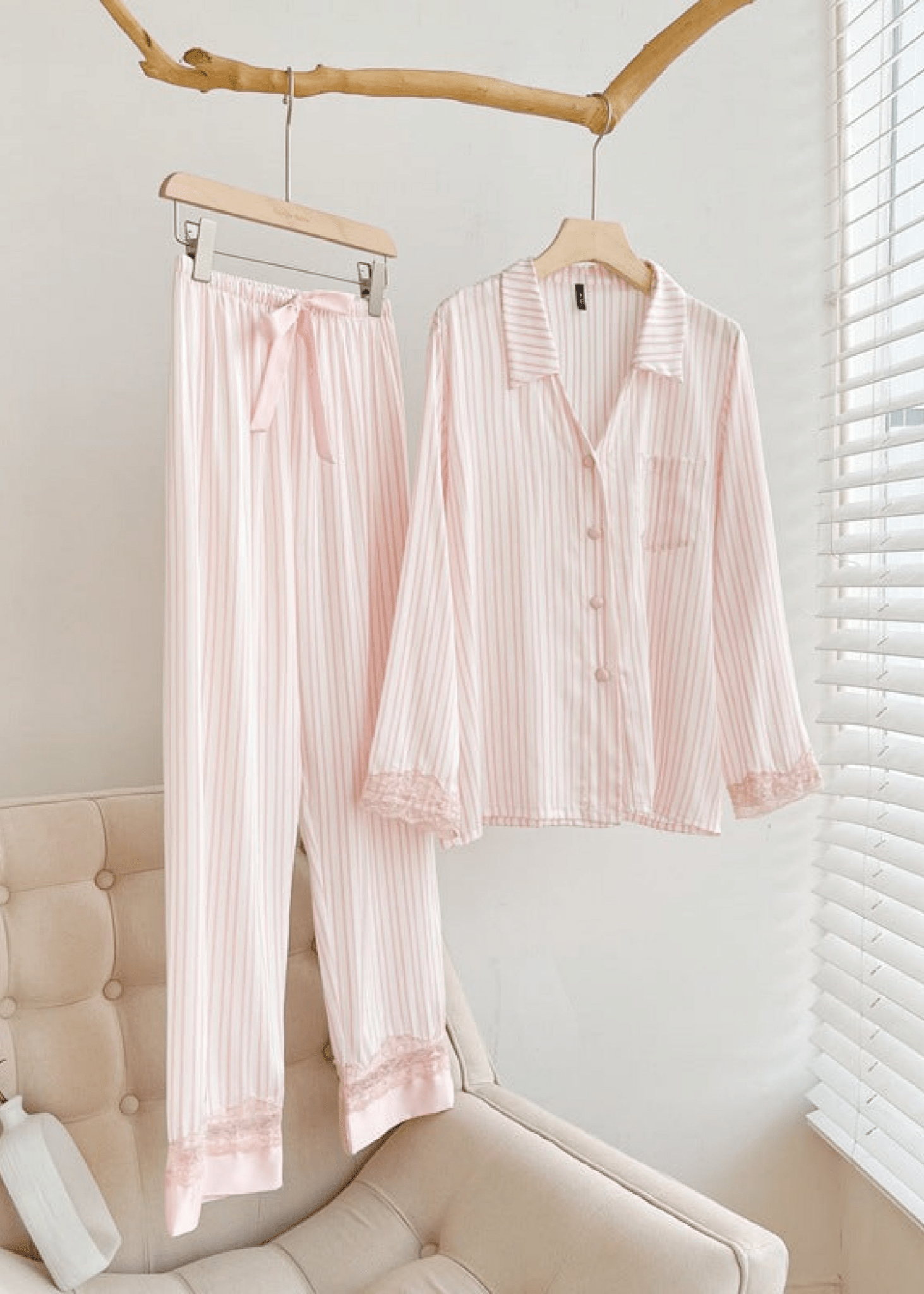Silky Lace Striped Long Sleeves and Pants Pajama Set / Pink - Ever Lasting