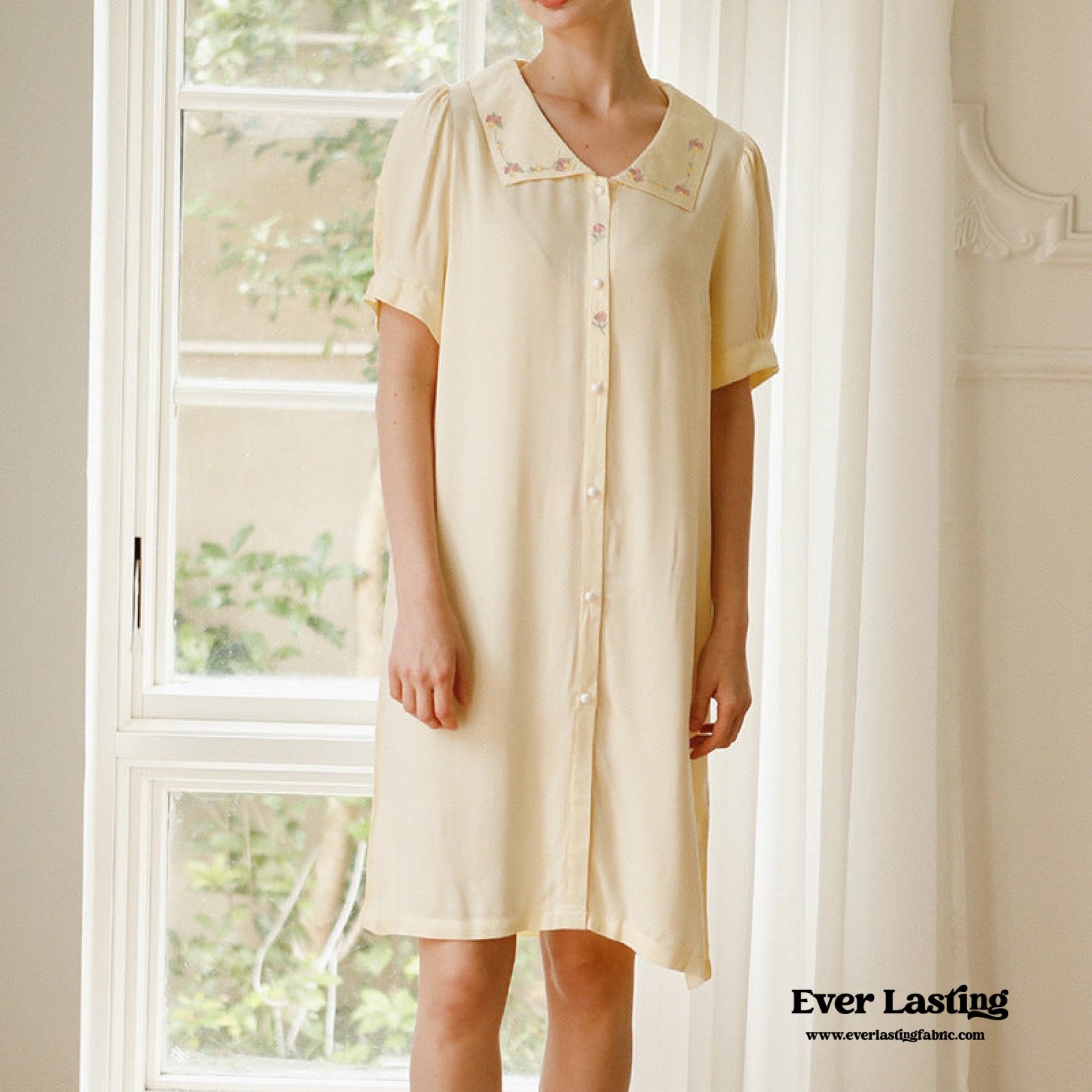 Silky Rose Cream Yellow Embroidered Nightgown Dress - Ever Lasting
