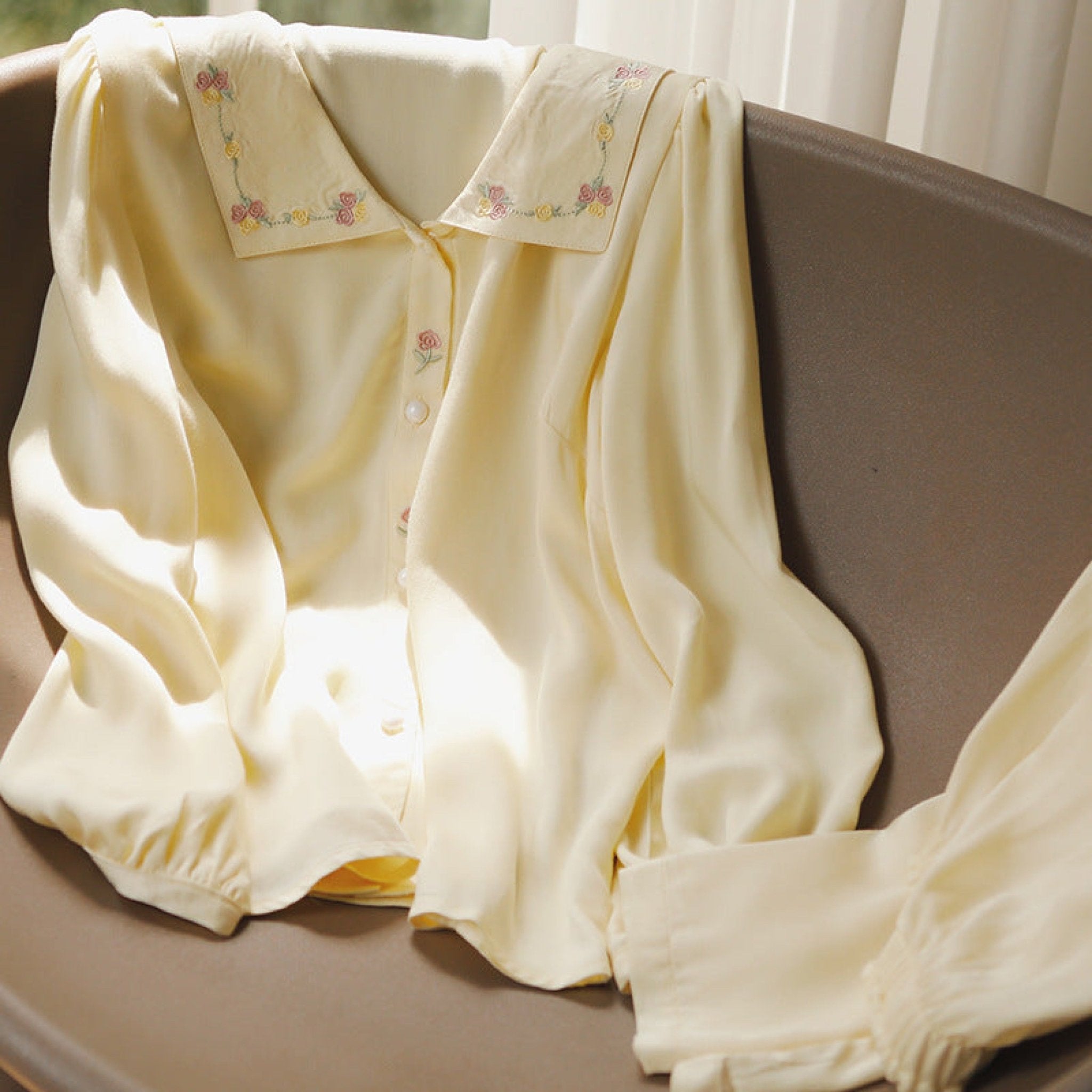 Silky Rose Cream Yellow Embroidered Pajama Set - Ever Lasting