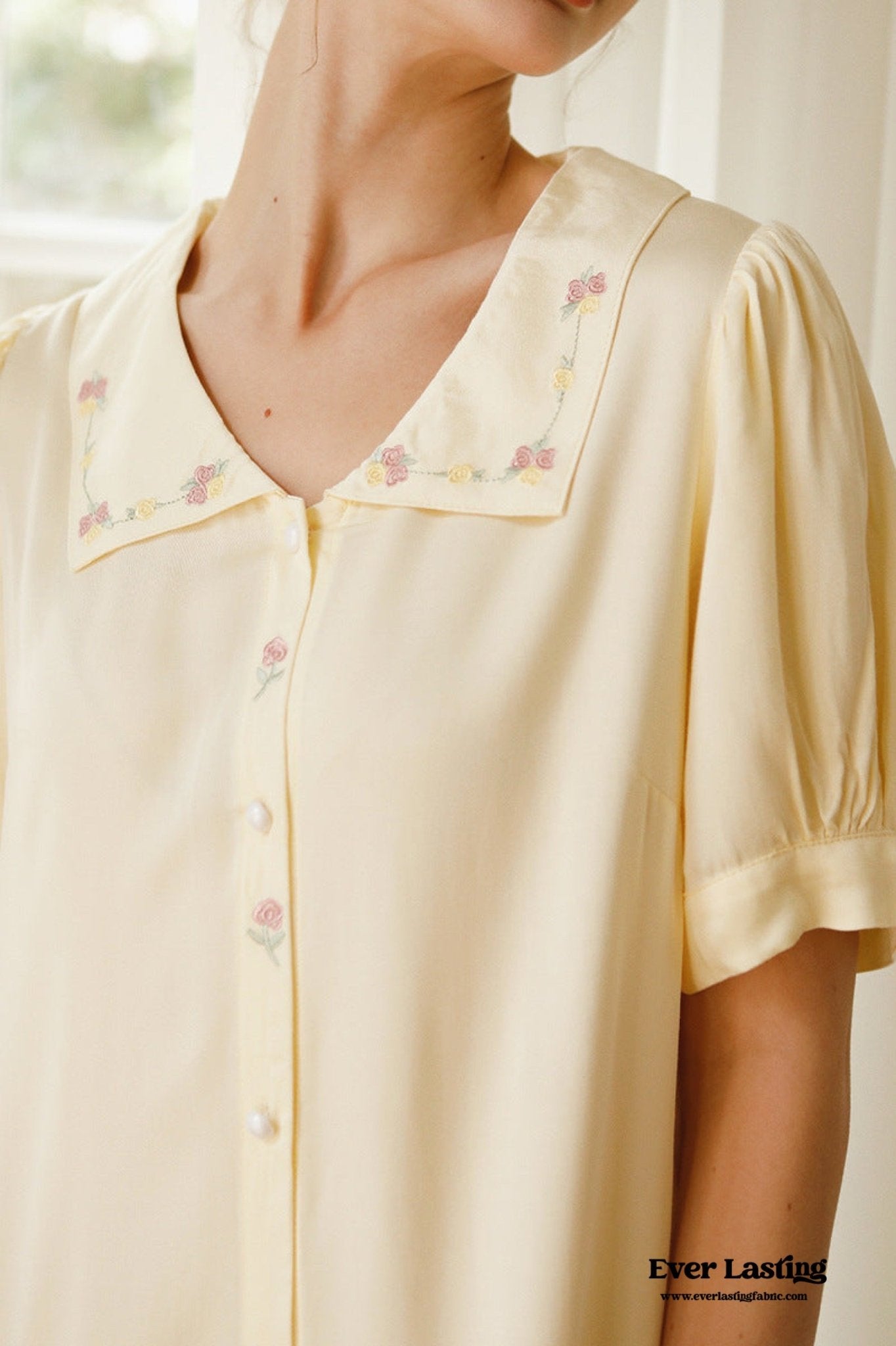 Silky Rose Cream Yellow Embroidered Pajama Set - Ever Lasting