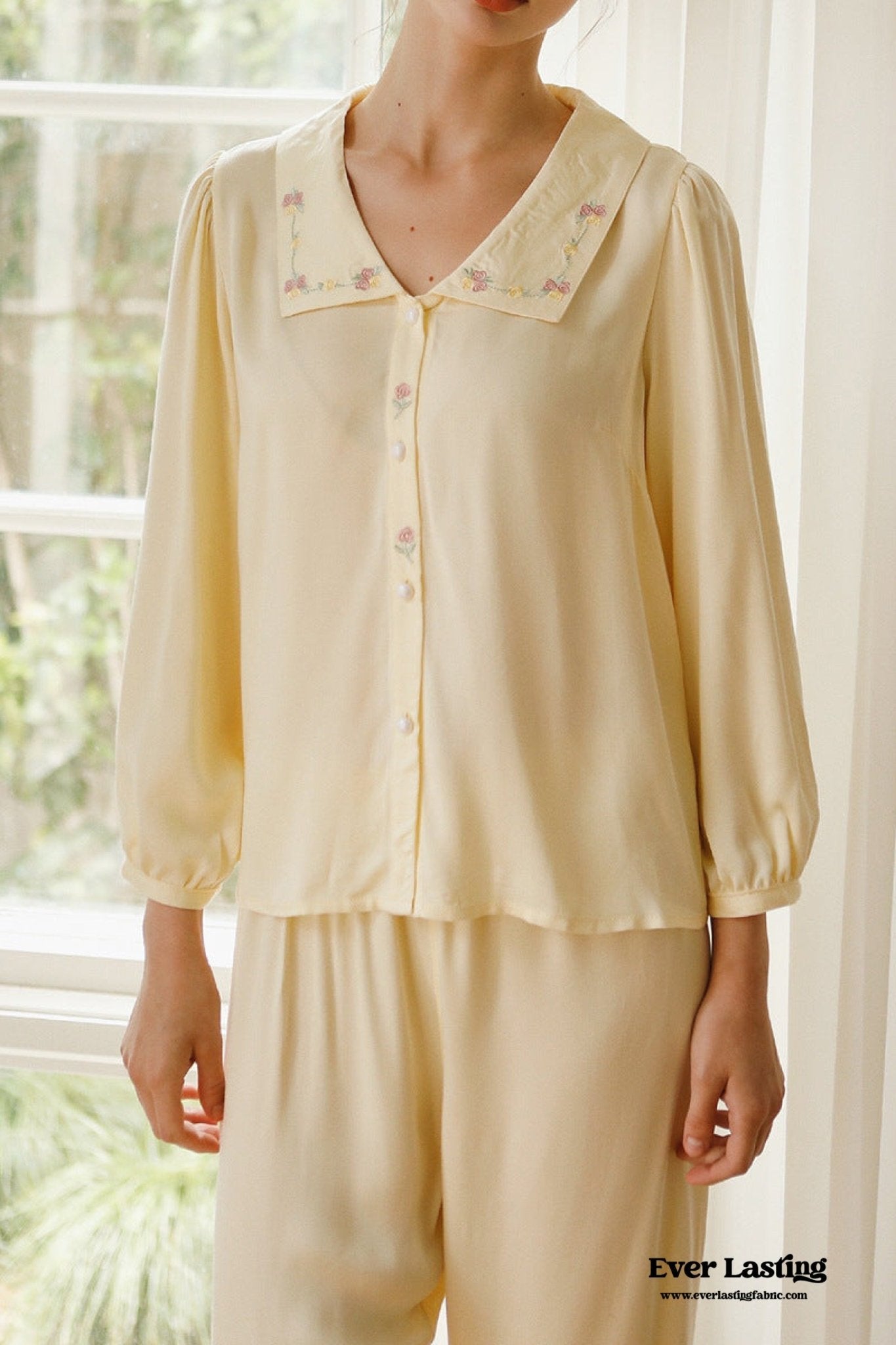 Silky Rose Cream Yellow Embroidered Pajama Set - Ever Lasting