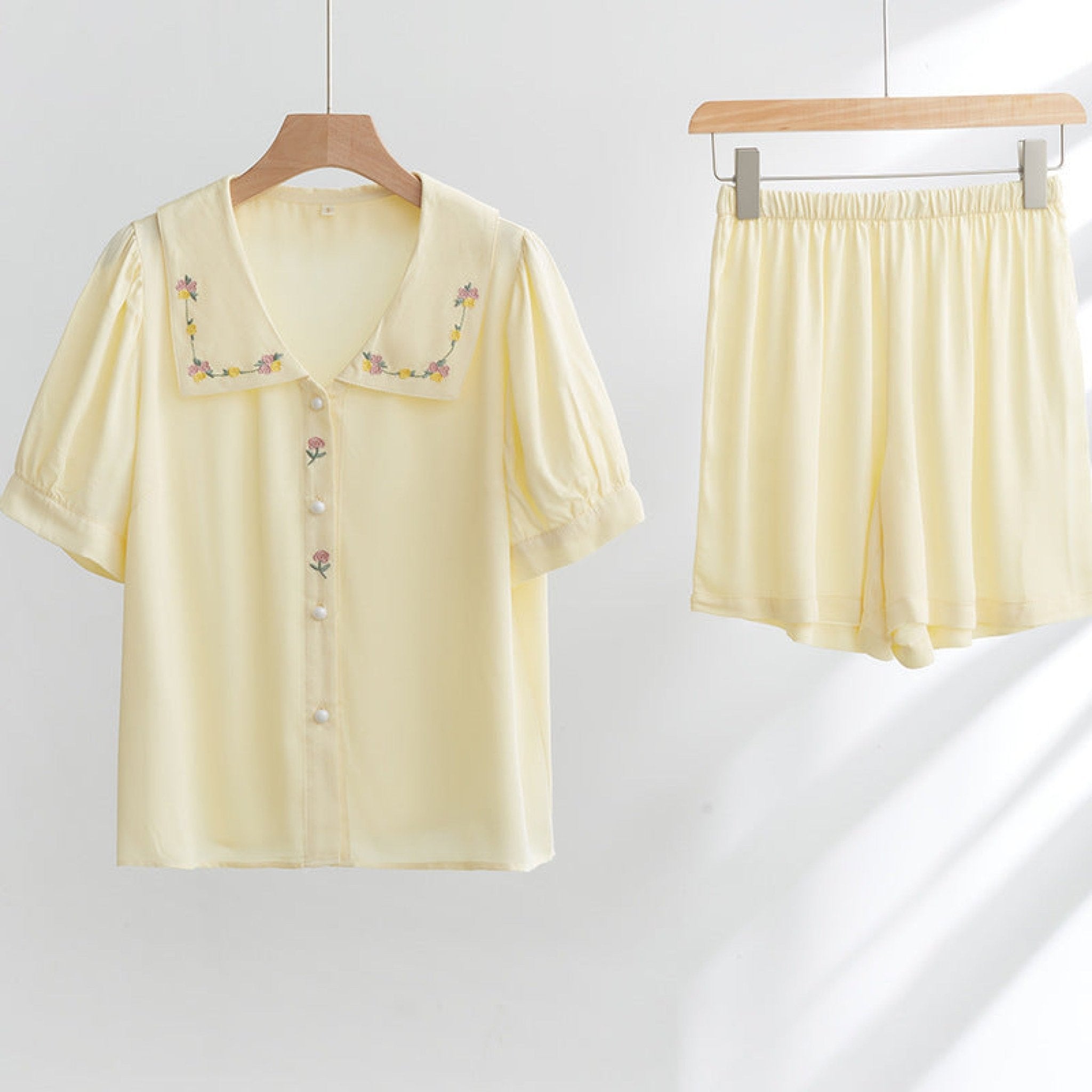 Silky Rose Cream Yellow Embroidered Short Pajama Set - Ever Lasting