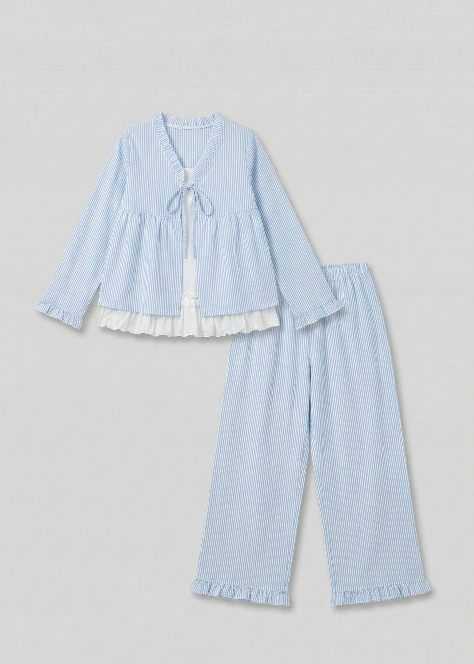 - Ever Lasting - Sloane Long - Sleeve Striped Ruffle Pajama Set / Blue - Pajamas - Ever Lasting