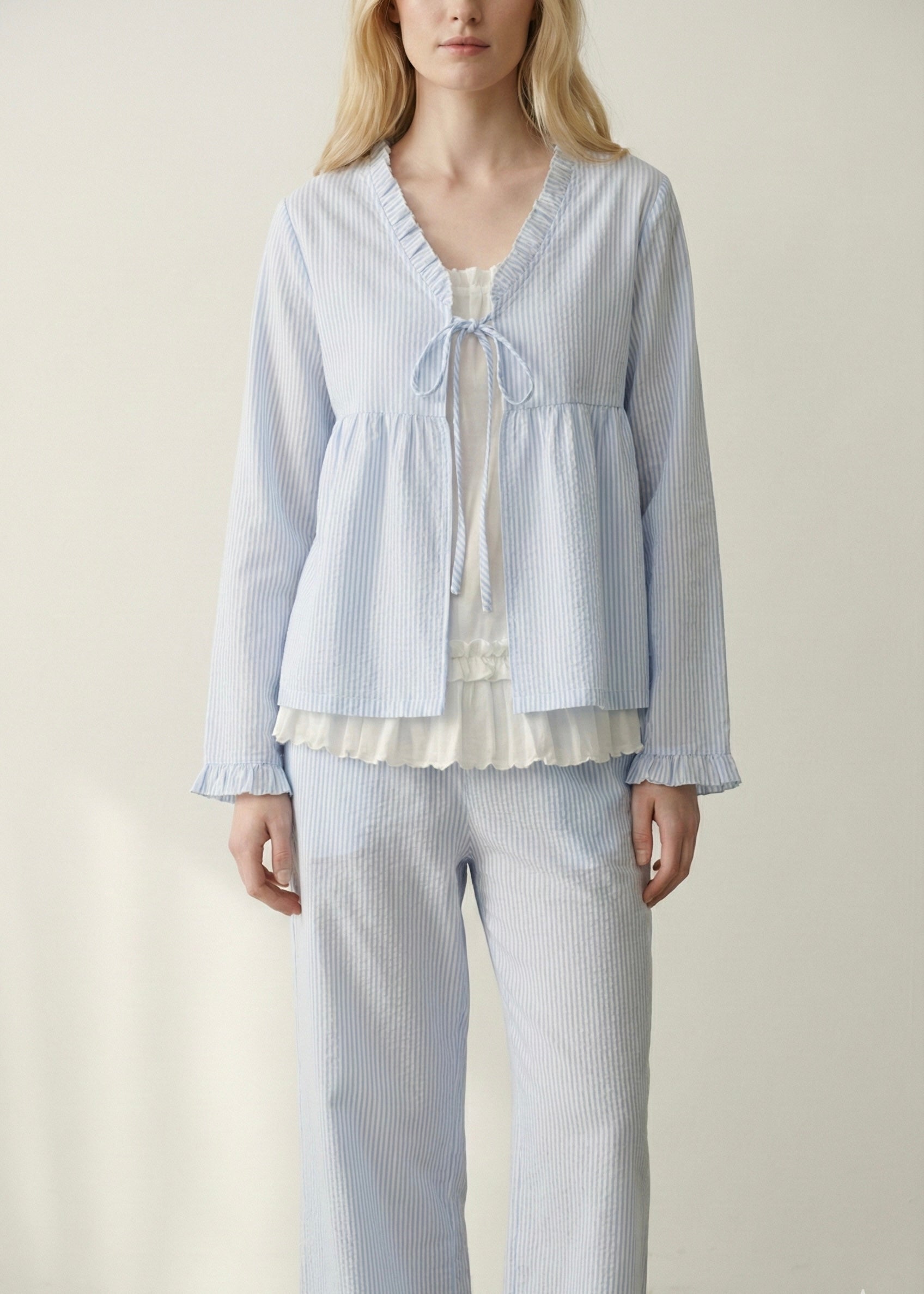 - Ever Lasting - Sloane Long - Sleeve Striped Ruffle Pajama Set / Blue - Pajamas - Ever Lasting
