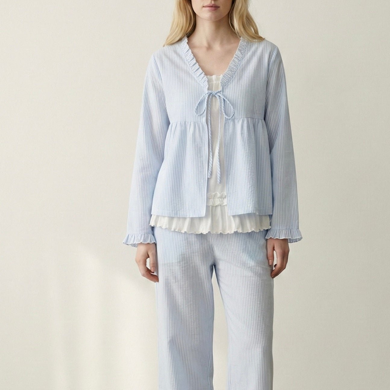 - Ever Lasting - Sloane Long - Sleeve Striped Ruffle Pajama Set / Blue - Pajamas - Ever Lasting