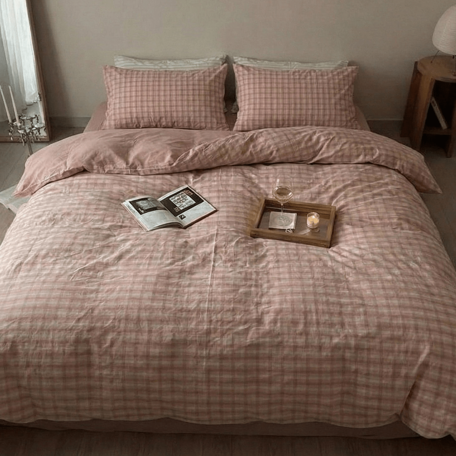 - Ever Lasting - Soft Blend Plaid Small Room Bedding Set / Pink - Bedding Set - Ever Lasting