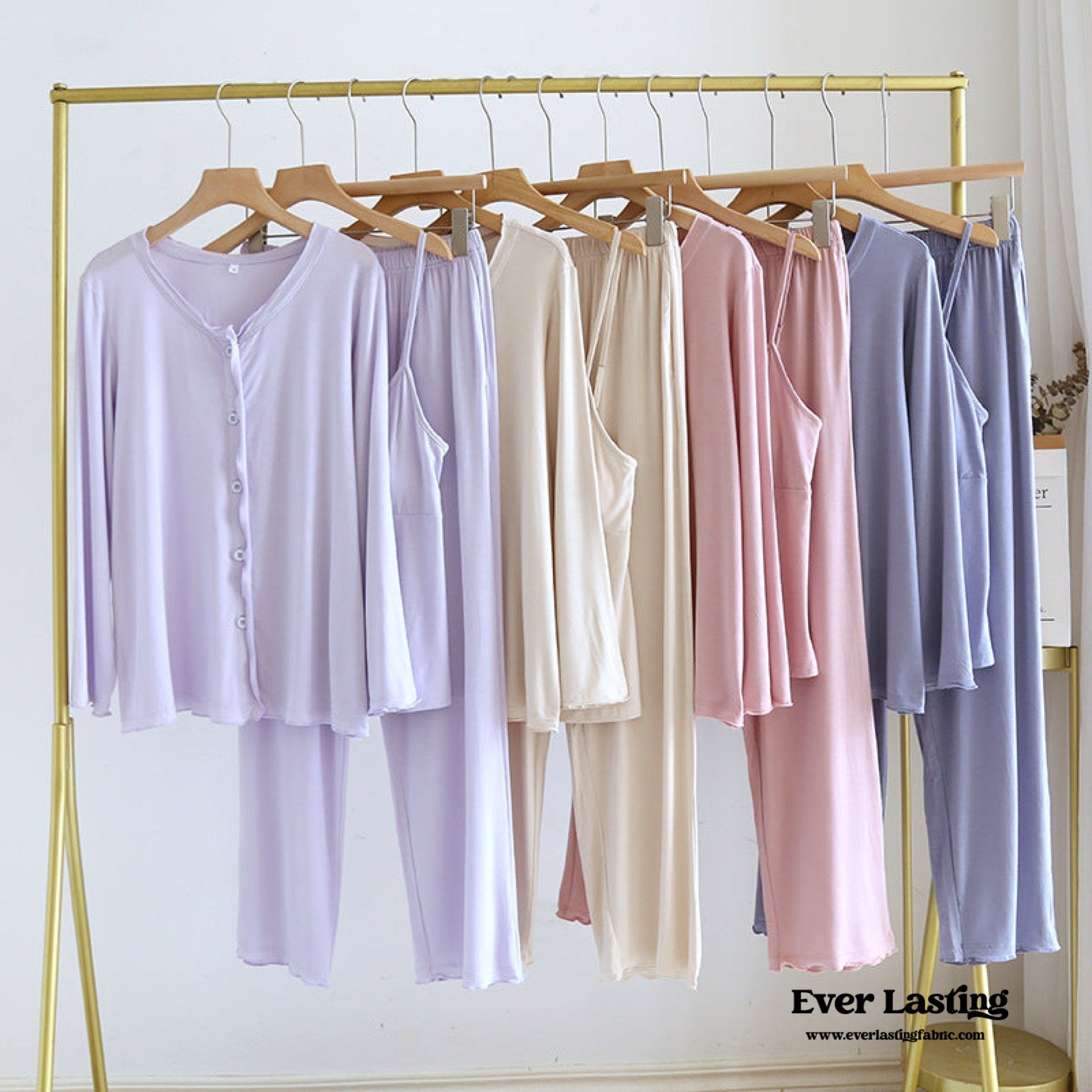 Solid Ruffle V Tank and Long Pants with Cardigan Modal Pajama Set - Ever Lasting