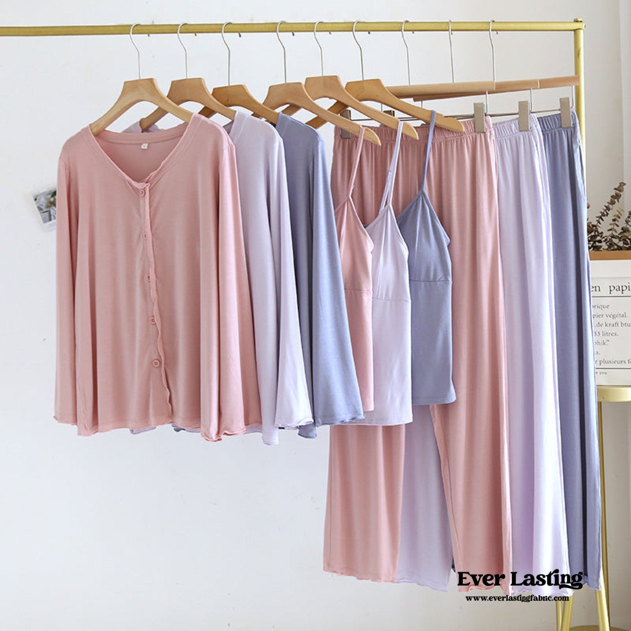 Solid Ruffle V Tank and Long Pants with Cardigan Modal Pajama Set - Ever Lasting