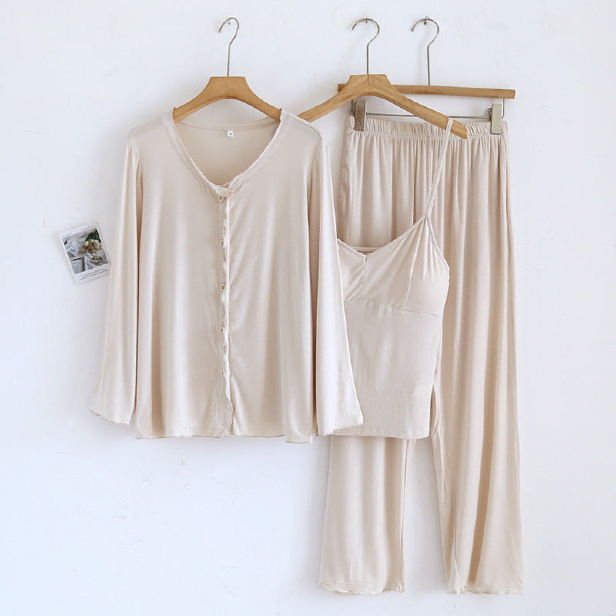 Solid Ruffle V Tank and Long Pants with Cardigan Modal Pajama Set - Ever Lasting