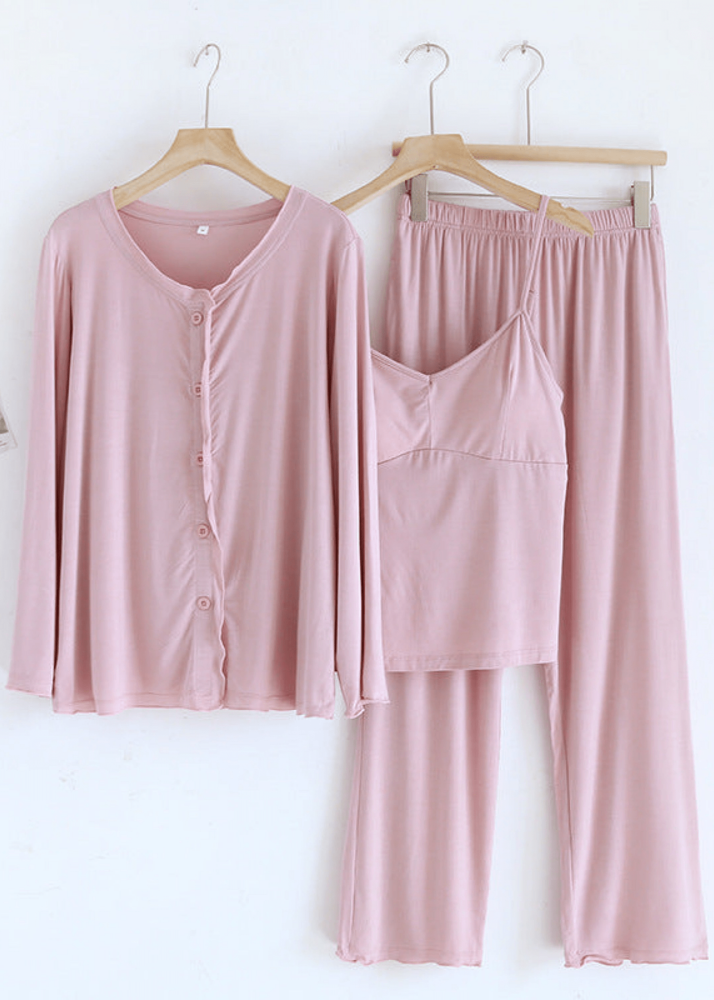 Solid Ruffle V Tank and Long Pants with Cardigan Modal Pajama Set - Ever Lasting