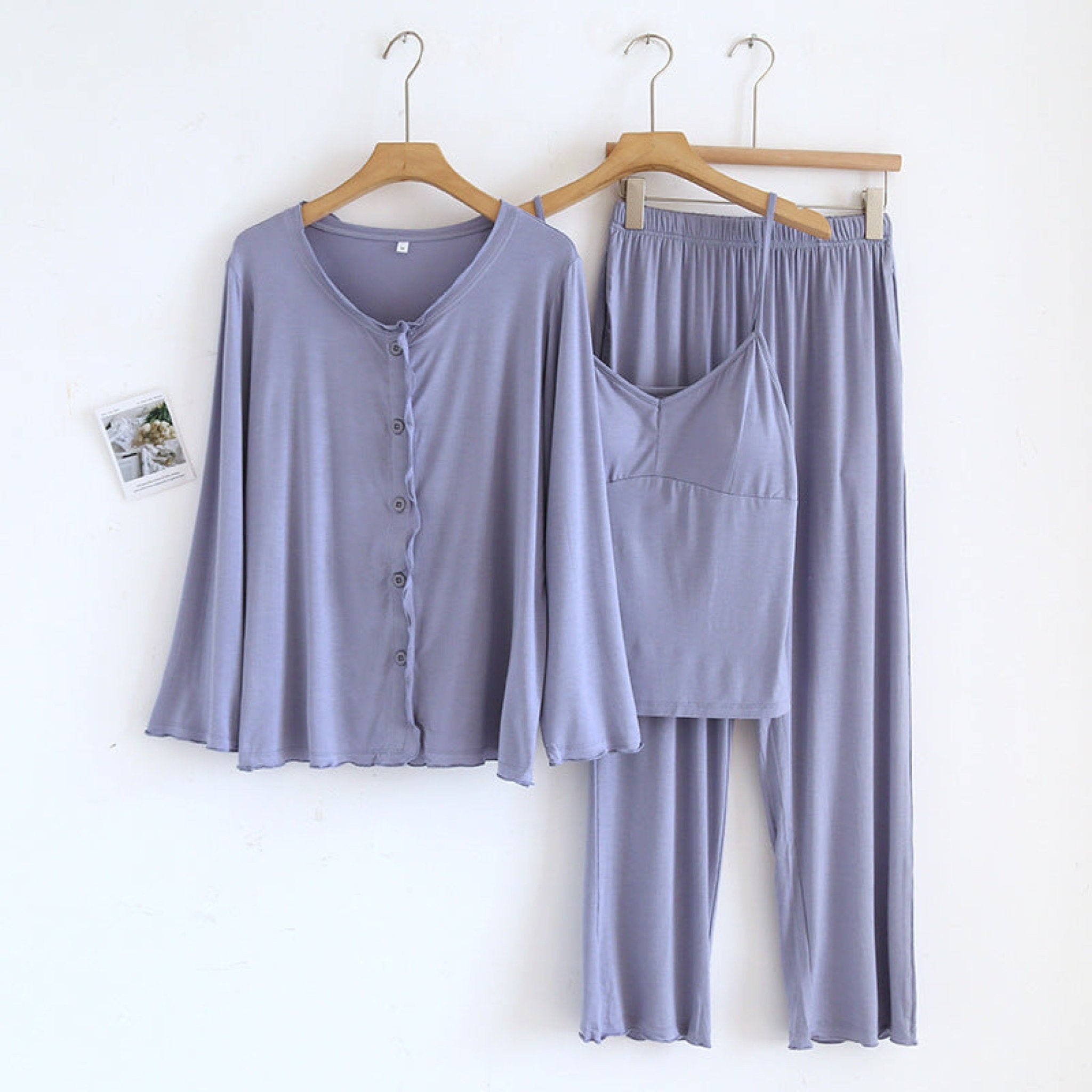 Solid Ruffle V Tank and Long Pants with Cardigan Modal Pajama Set - Ever Lasting