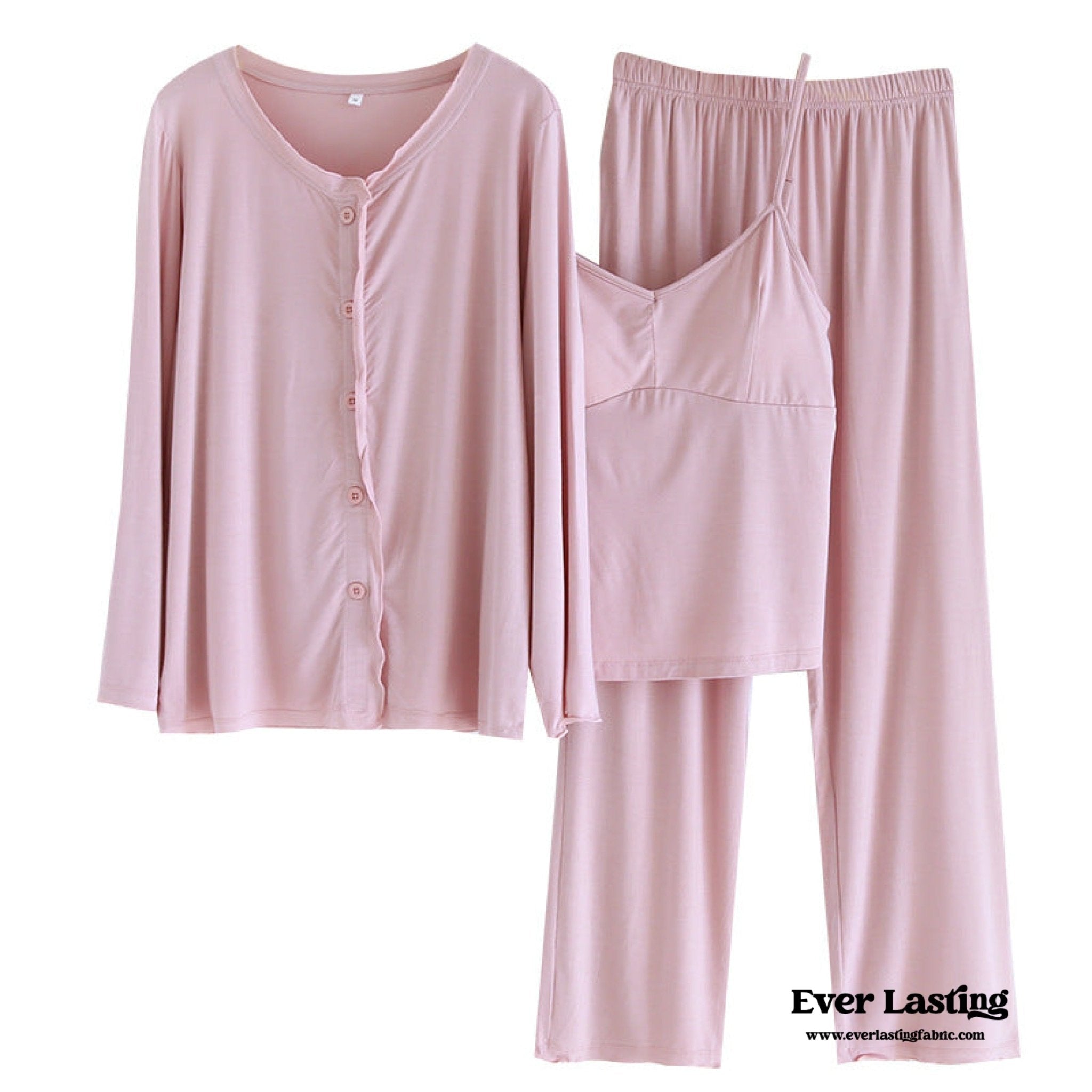Solid Ruffle V Tank and Long Pants with Cardigan Modal Pajama Set - Ever Lasting