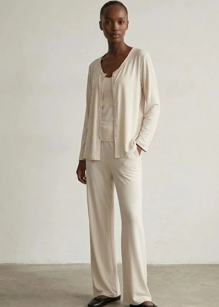 - Ever Lasting - Solid Ruffle V Tank and Long Pants with Cardigan Modal Pajama Set - Pajamas - Ever Lasting