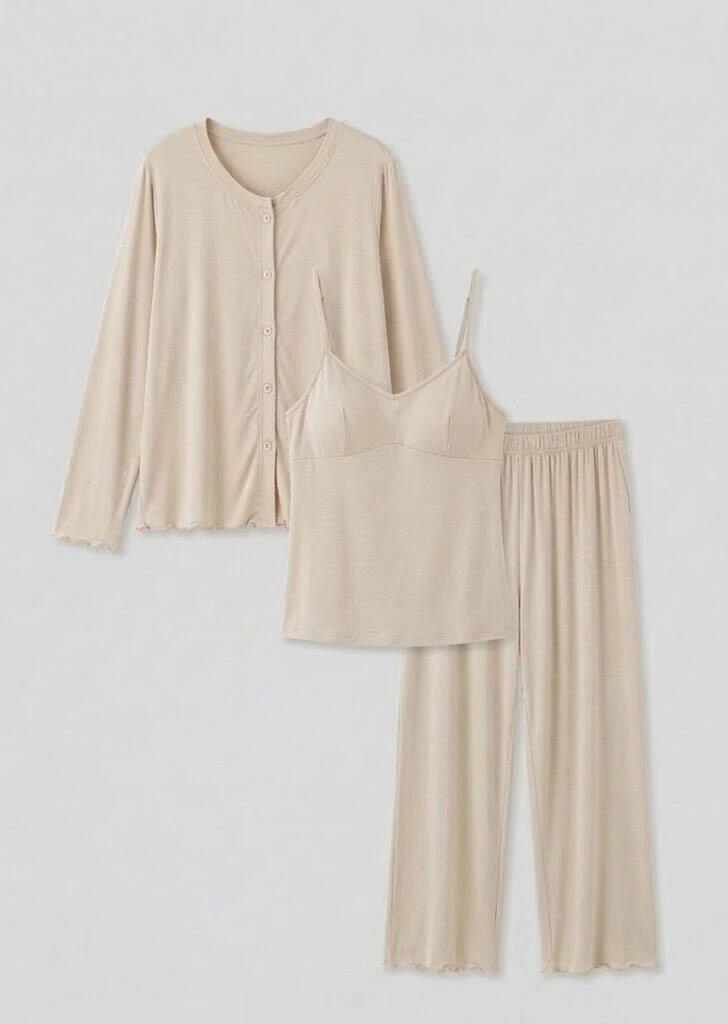 - Ever Lasting - Solid Ruffle V Tank and Long Pants with Cardigan Modal Pajama Set - Pajamas - Ever Lasting