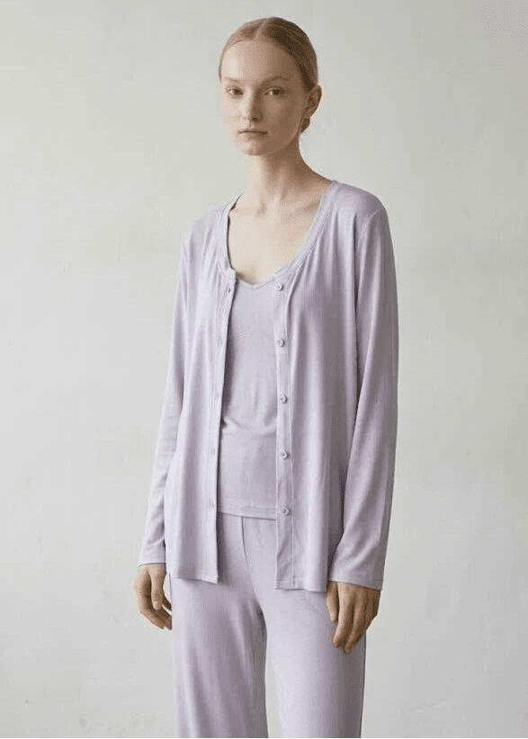 - Ever Lasting - Solid Ruffle V Tank and Long Pants with Cardigan Modal Pajama Set - Pajamas - Ever Lasting